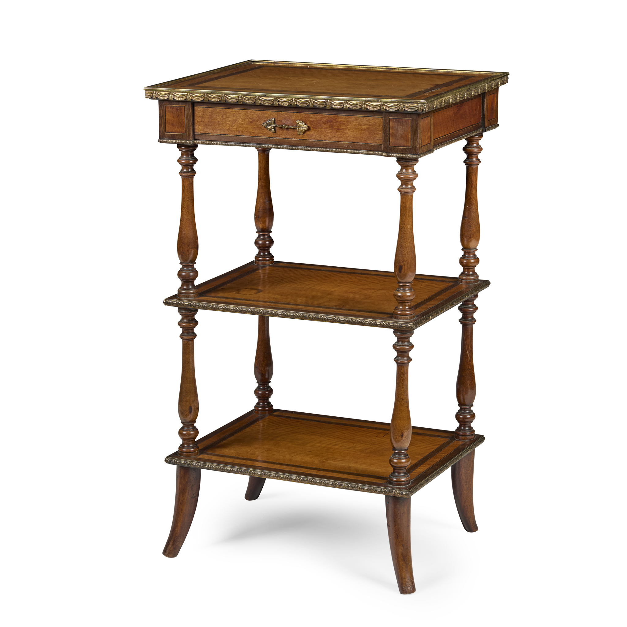 REGENCY STYLE SATINWOOD, MAHOGANY, AND BRASS MOUNTED ÉTAGERE, BY EDWARDS & ROBERTS