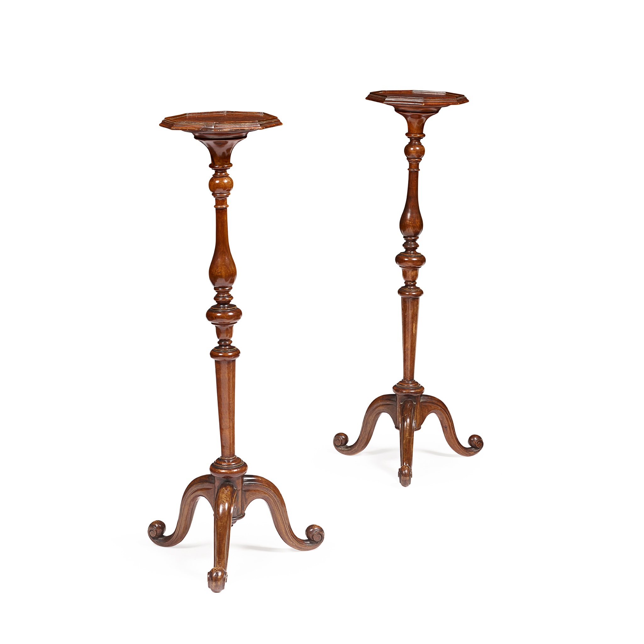 PAIR OF WILLIAM AND MARY STYLE WALNUT TORCHERES