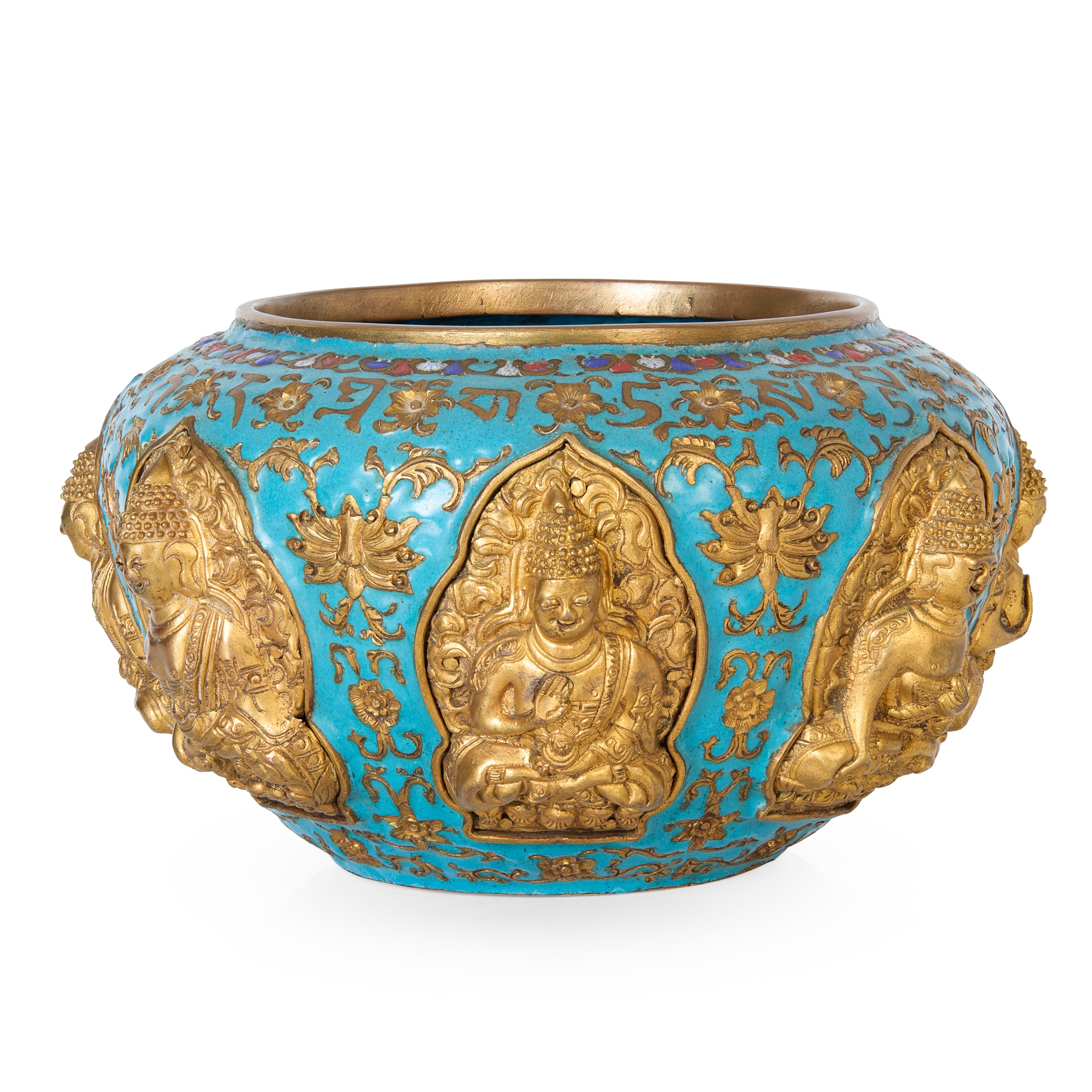 CHINESE CHAMPLEVÉ ENAMEL 'BUDDHA' ELM BOWL
