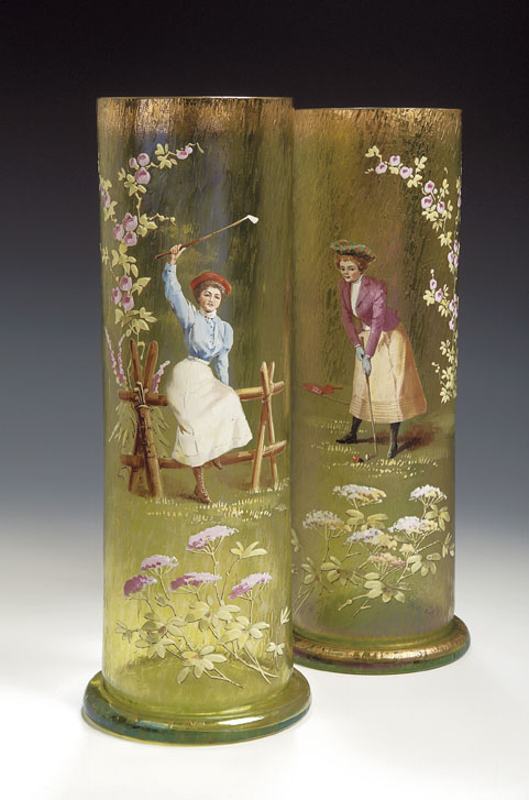 A pair of Bohemian glass golfing vases,