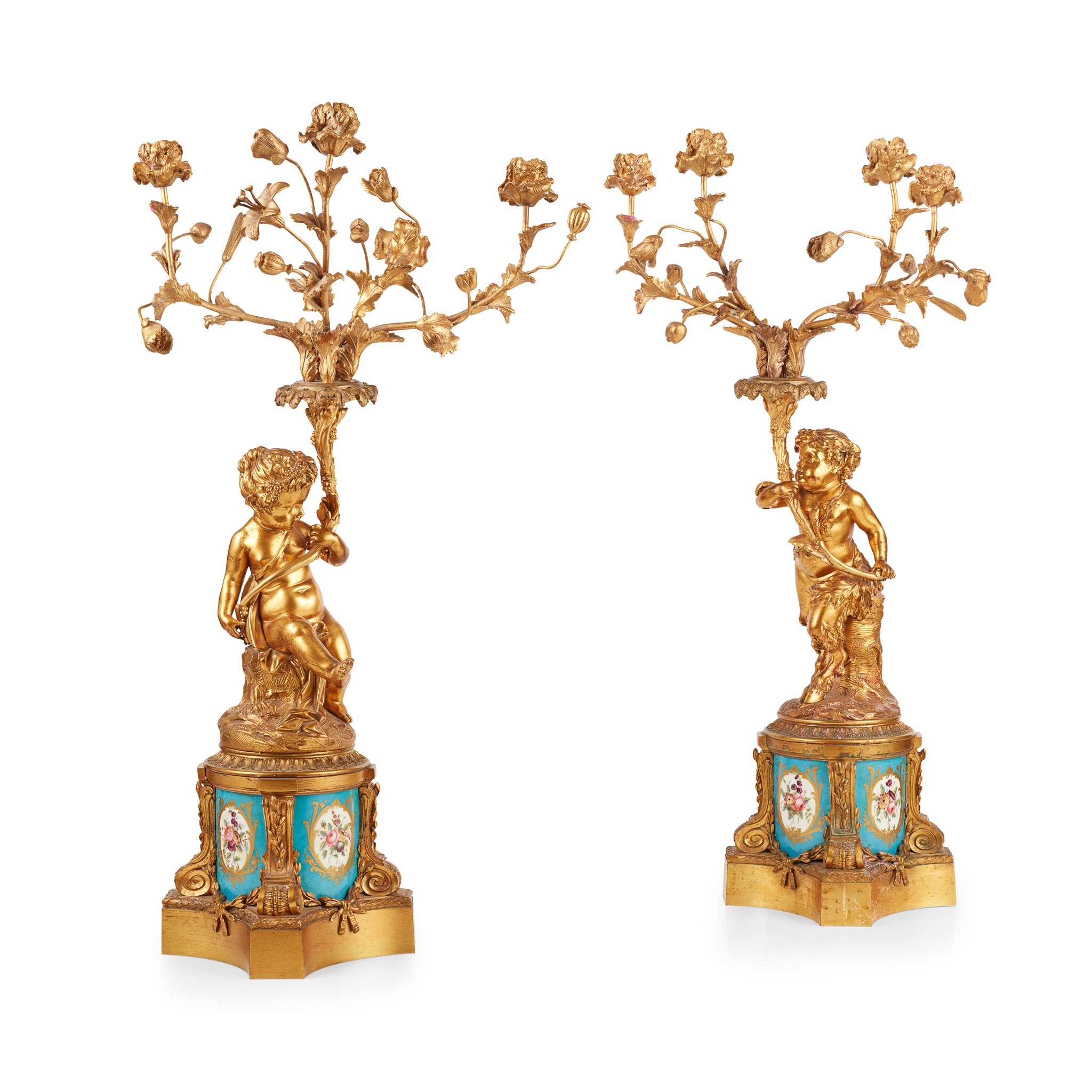 PAIR OF FRENCH LOUIS XVI STYLE GILT BRONZE AND PORCELAIN MOUNTED CANDELABRA