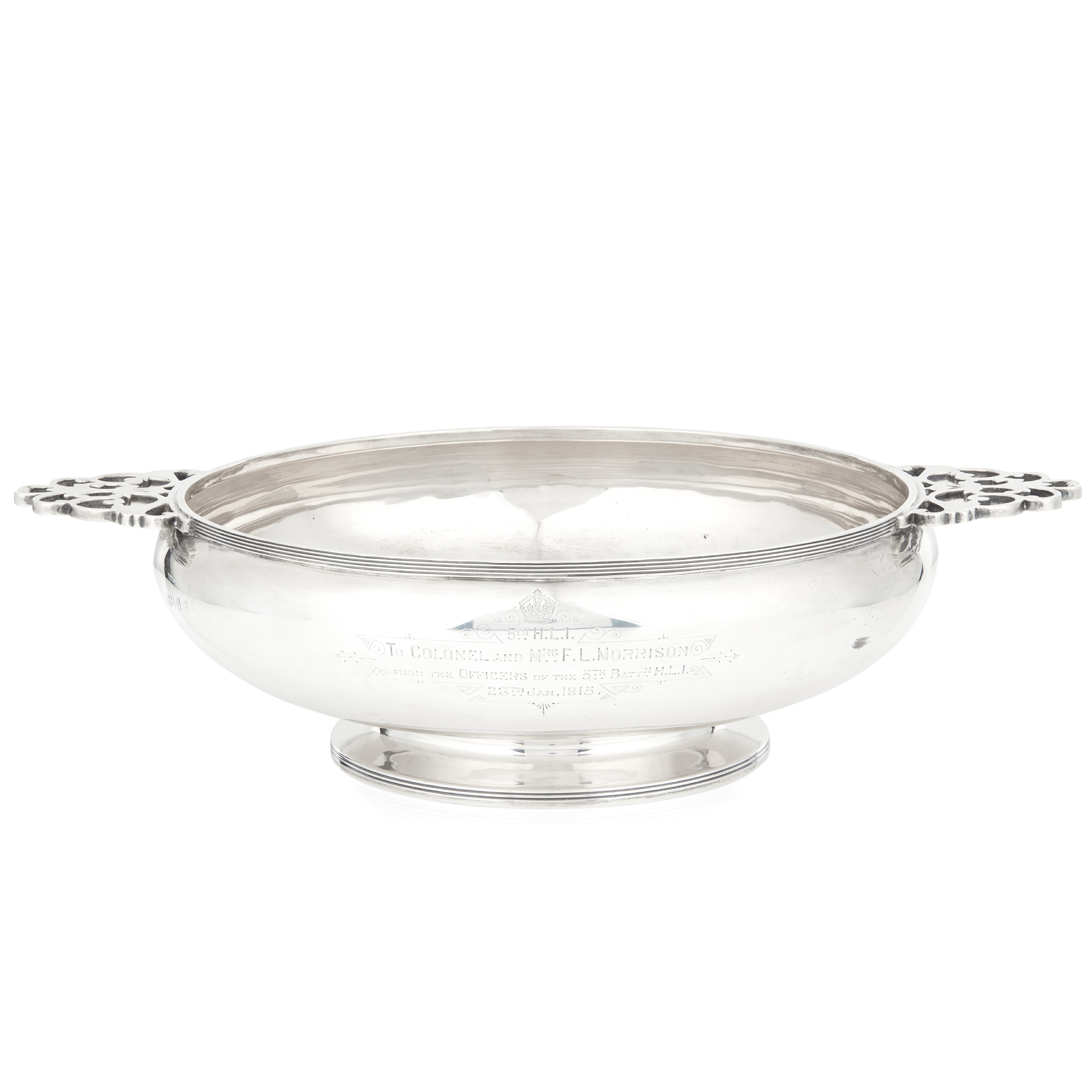 A large George V Highland Light Infantry quaich style twin-handled bowl