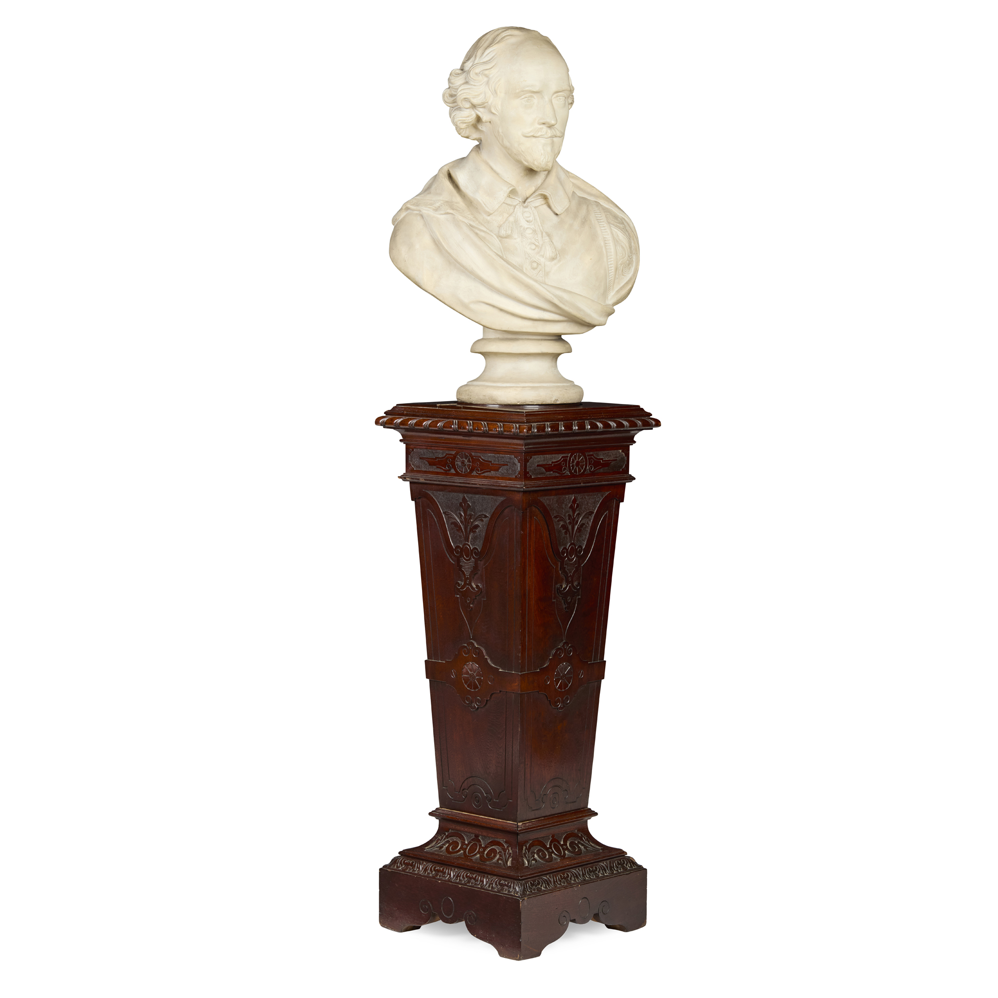 VICTORIAN PLASTER BUST OF WILLIAM SHAKESPEARE AND MAHOGANY PEDESTAL