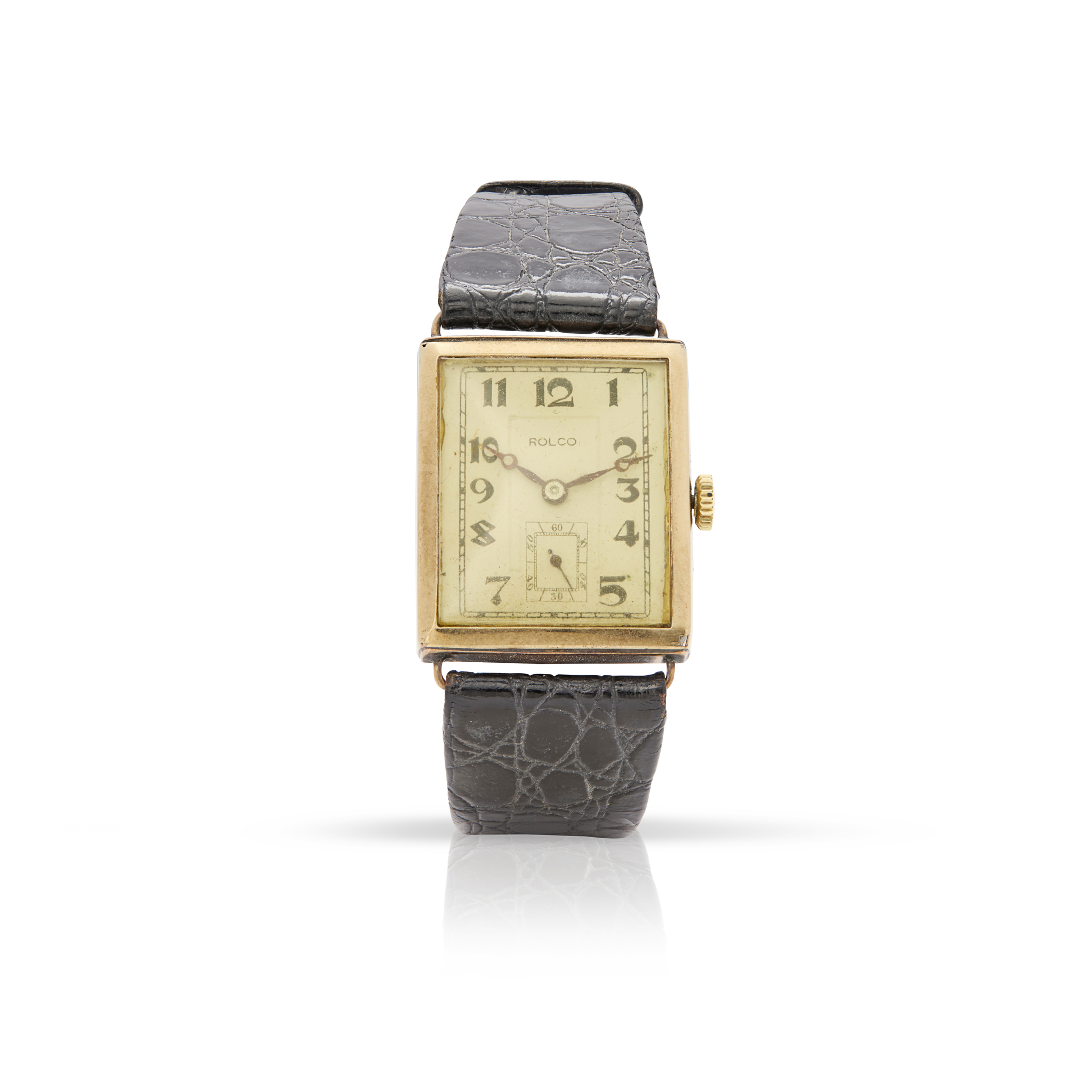 Rolco. An unusual 9k gold rectangular mechanical wristwatch