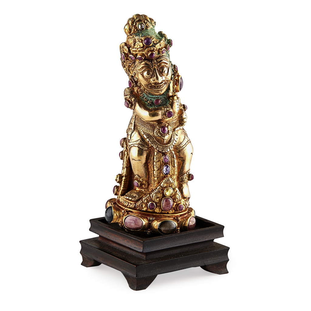 SMALL HARDSTONE EMBELLISHED GILT-BRONZE FIGURE OF A DEVI