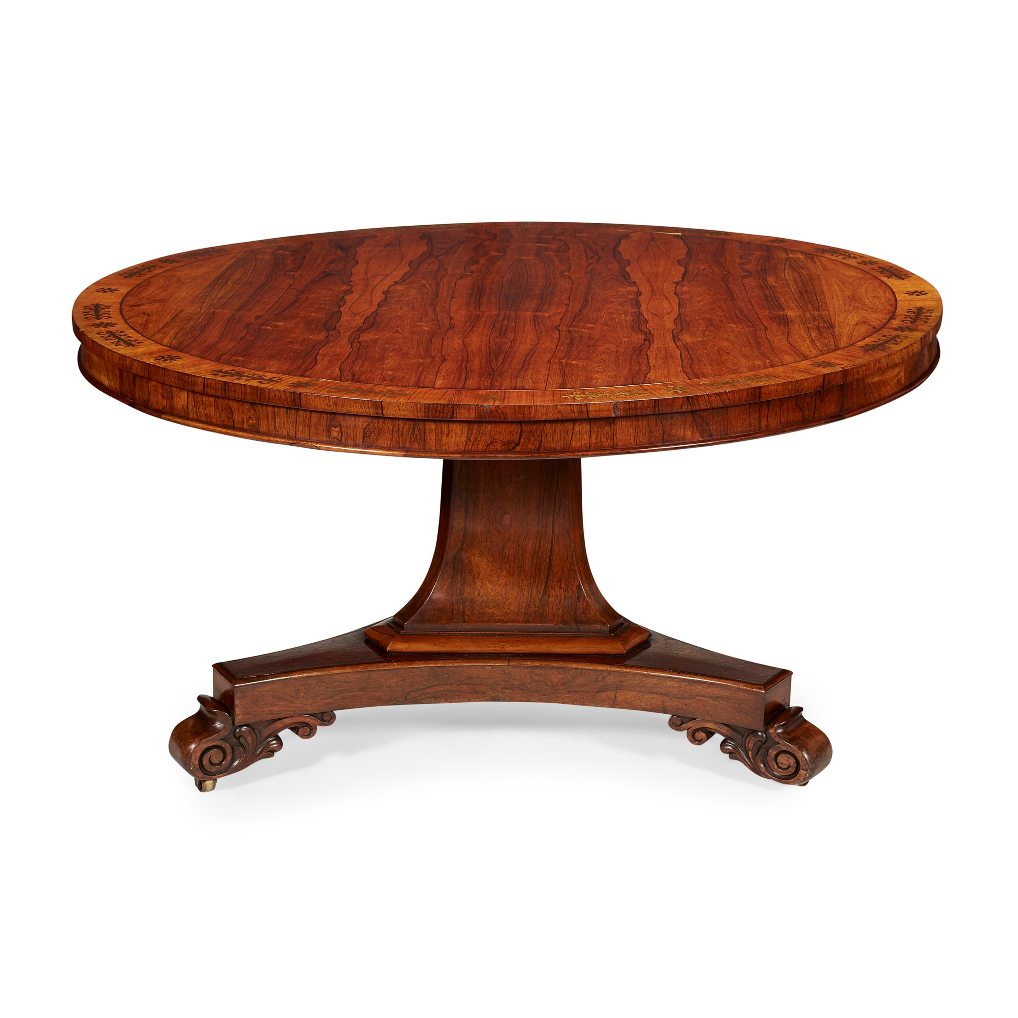 LATE REGENCY ROSEWOOD AND BRASS INLAID CENTRE TABLE