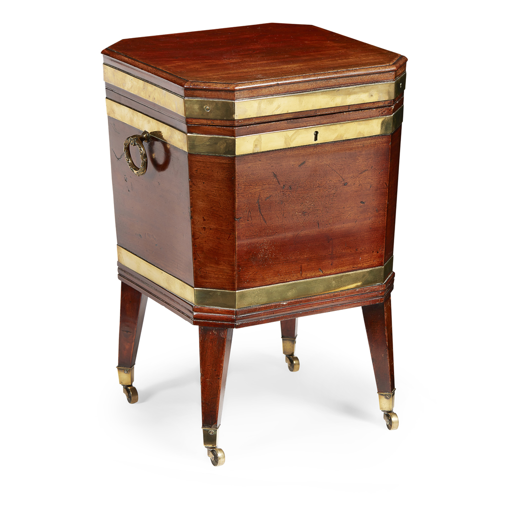 GEORGE III BRASS BANDED MAHOGANY OCTAGONAL WINE COOLER