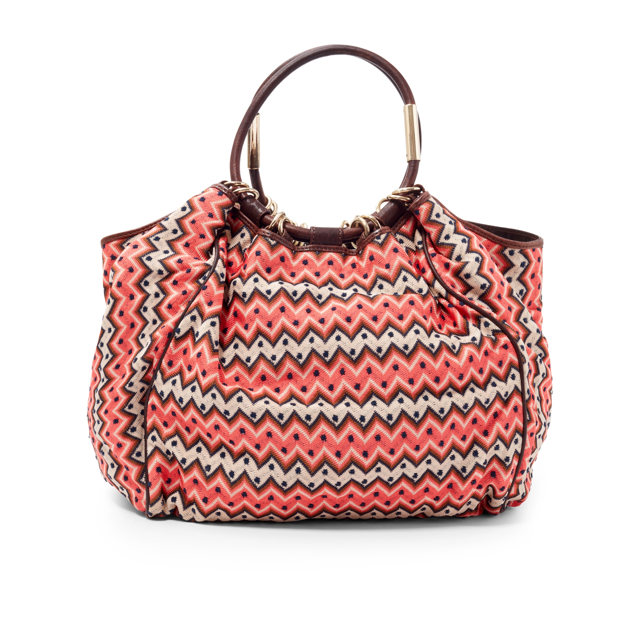 Missoni: A Pink and Ivory Woven Zig Zag and Brown Leather Shoulder Bag