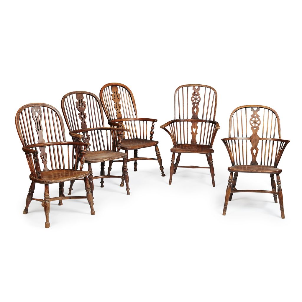 FIVE ELM AND ASH WINDSOR ARMCHAIRS