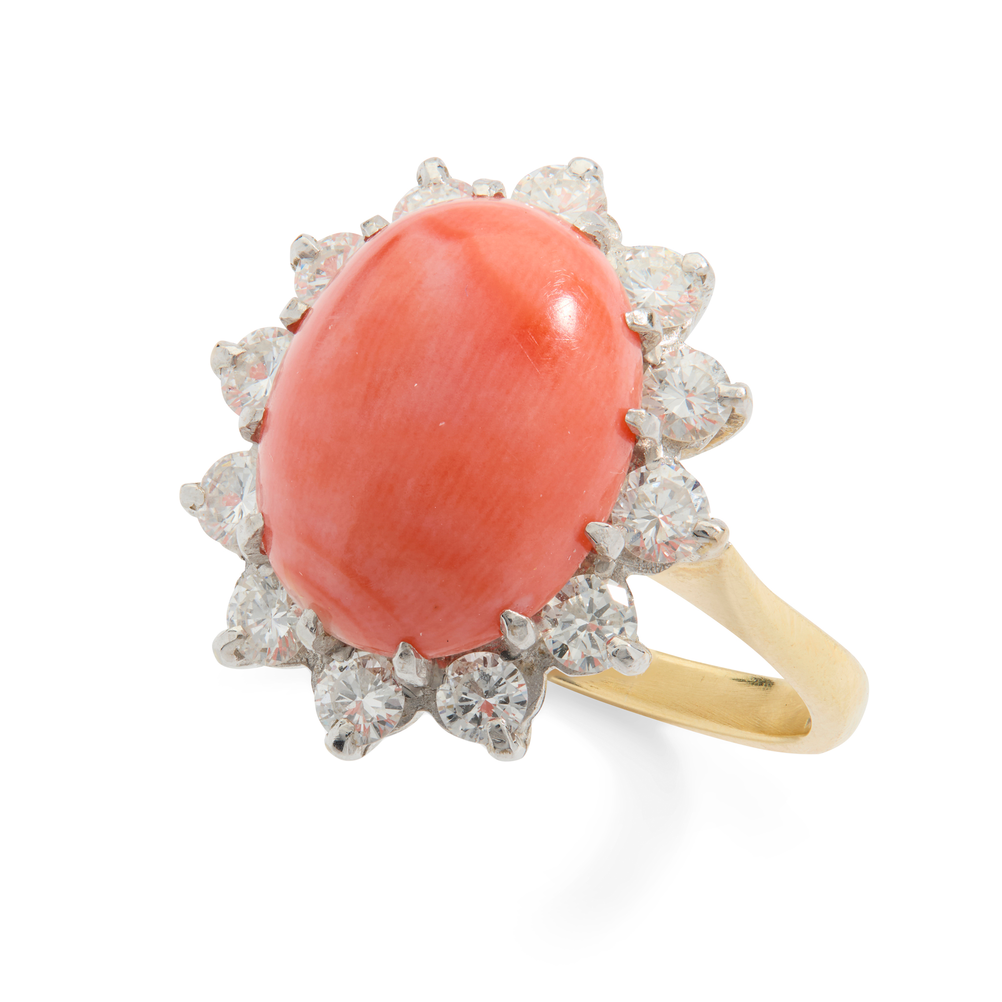 A coral and diamond cluster ring