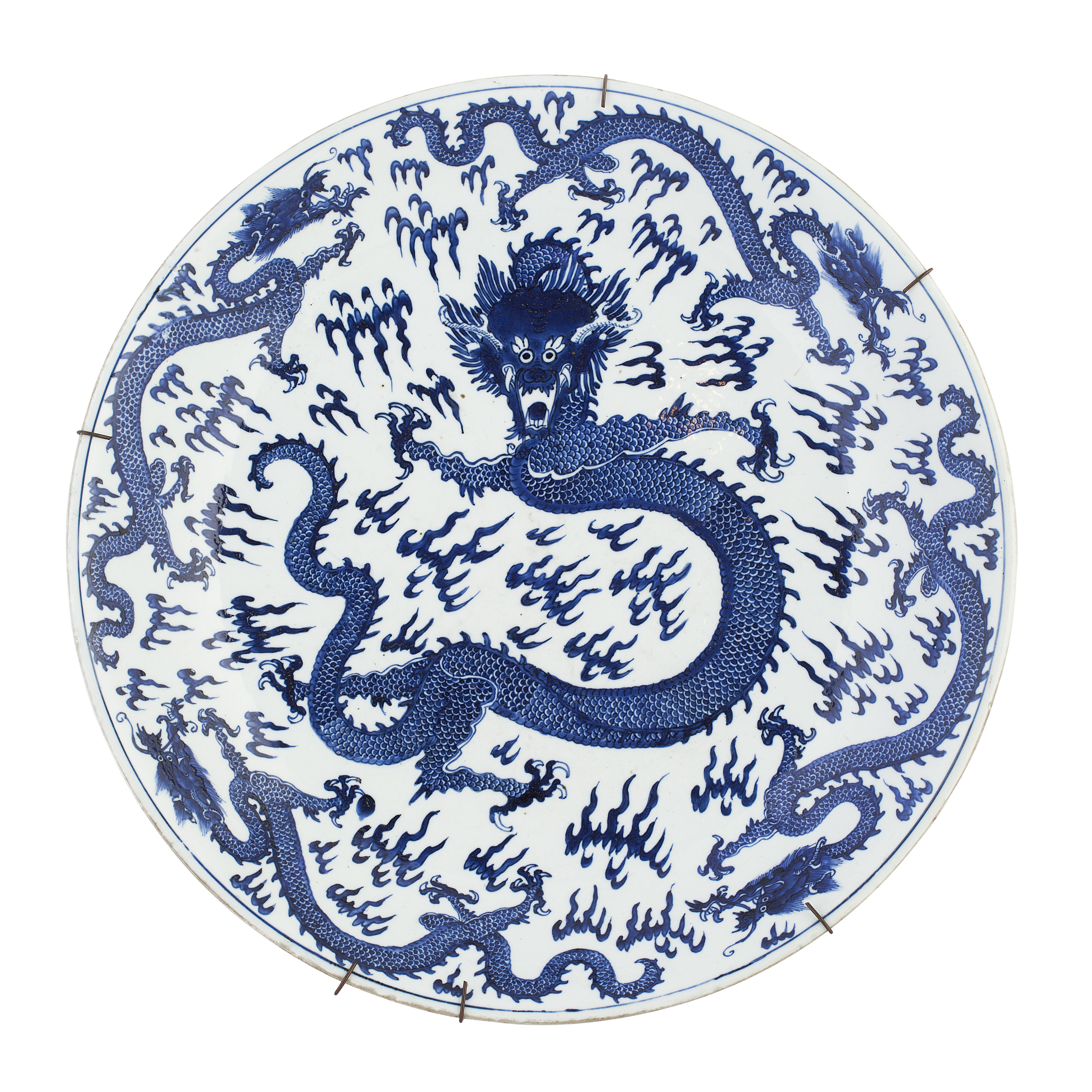 LARGE AND IMPRESSIVE CHINESE BLUE AND WHITE 'DRAGON' CHARGER
