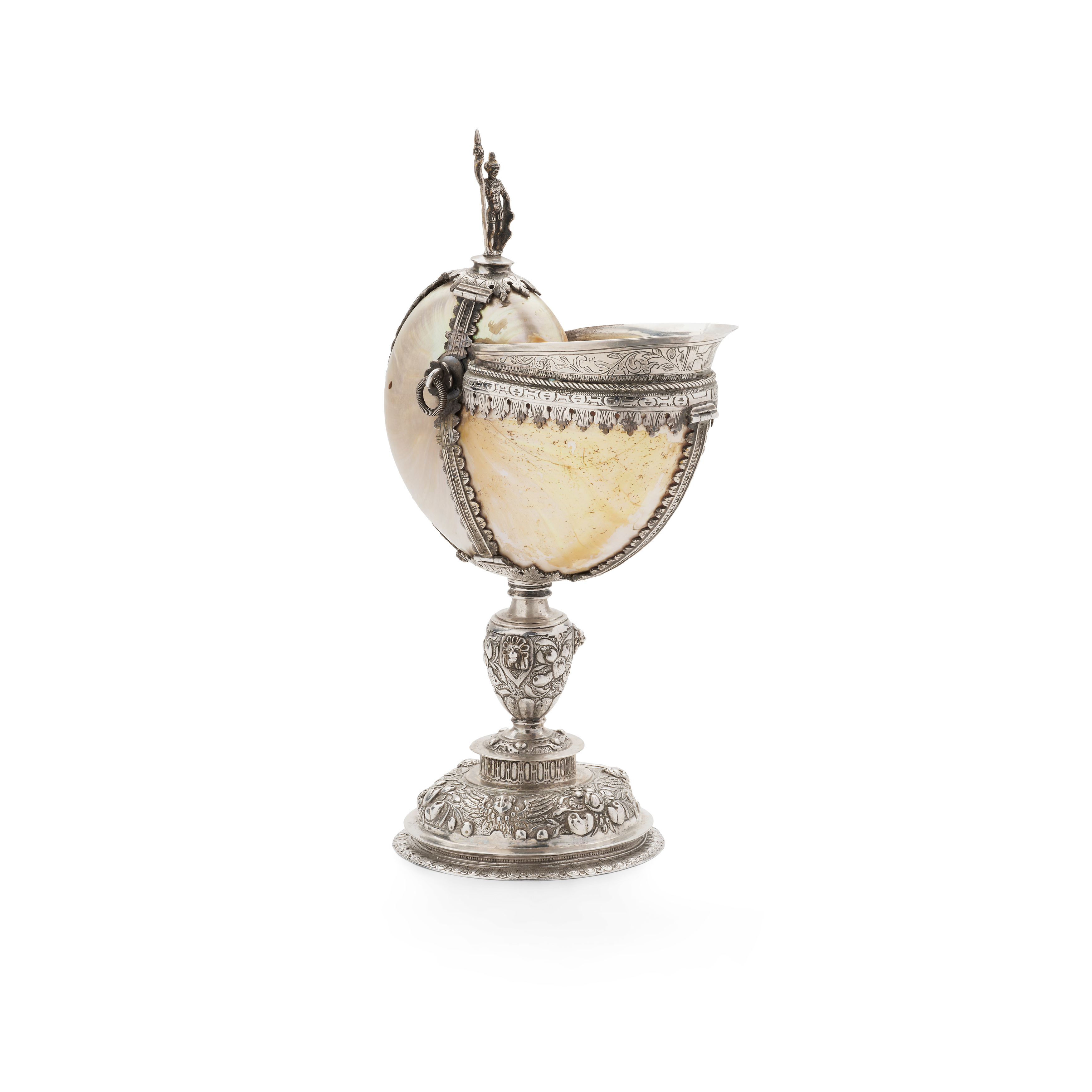 A 19TH CENTURY DUTCH SILVER-MOUNTED NAUTILUS SHELL CUP