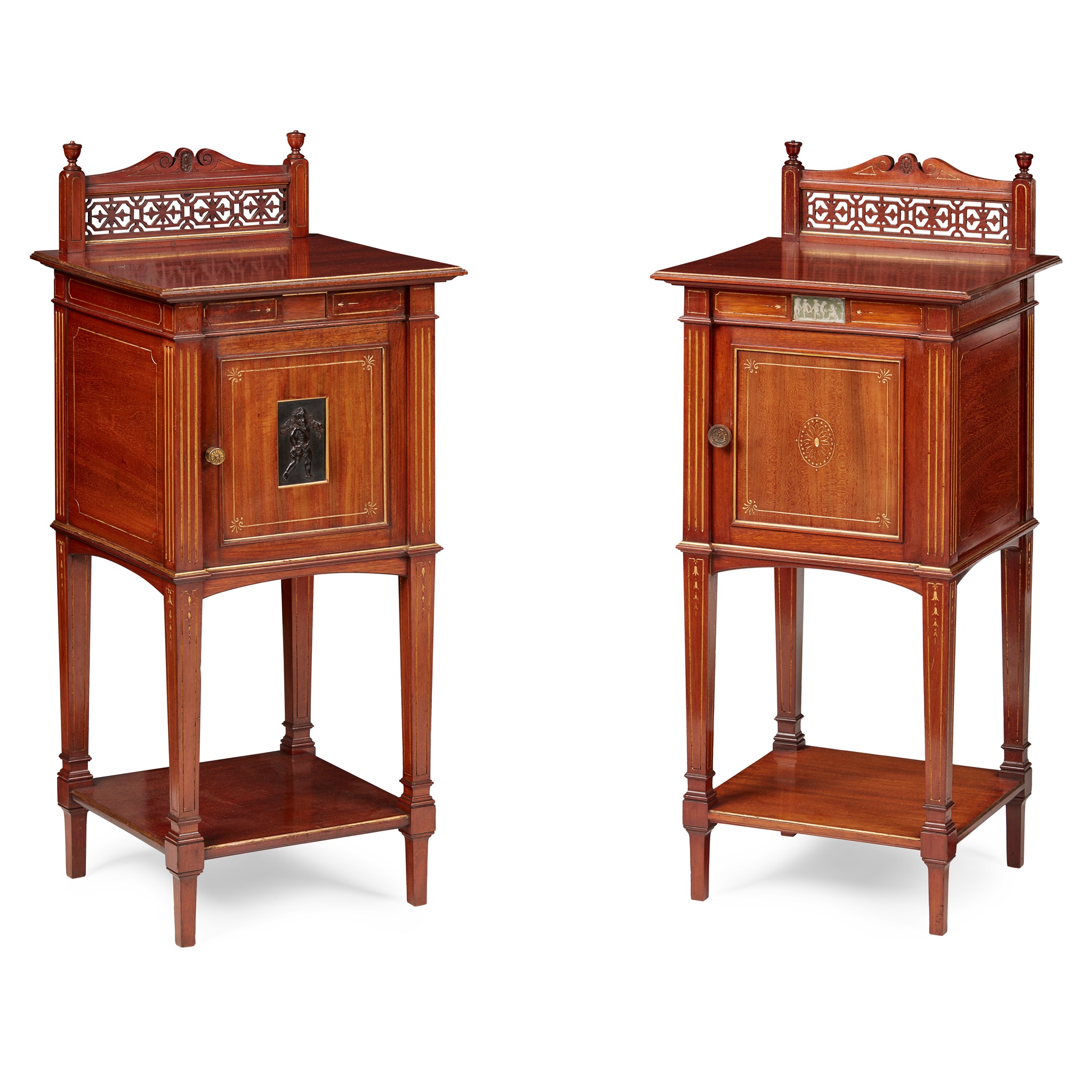 MATCHED PAIR OF VICTORIAN MAHOGANY AND PARCEL GILT BEDSIDE TABLES, GILLOW & CO.