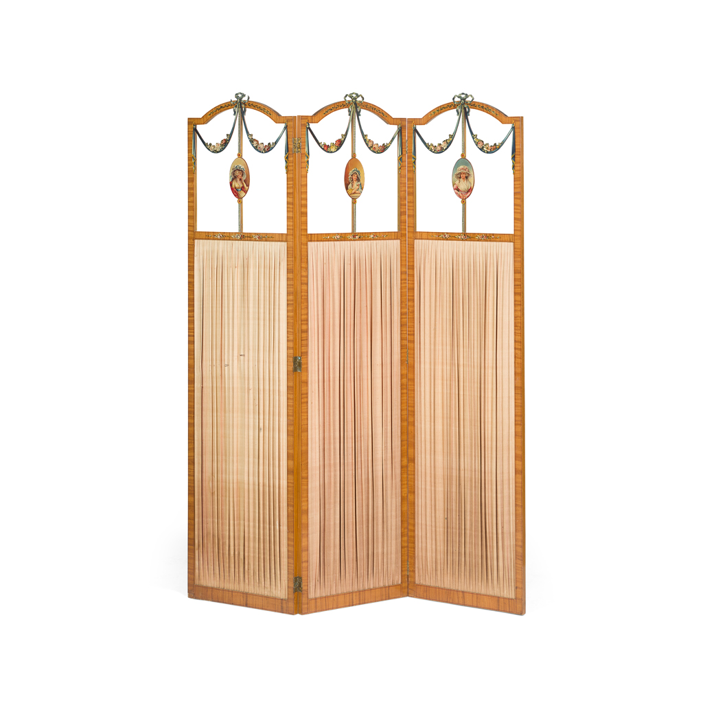 EDWARDIAN SATINWOOD AND POLYCHROMED THREE-FOLD SCREEN