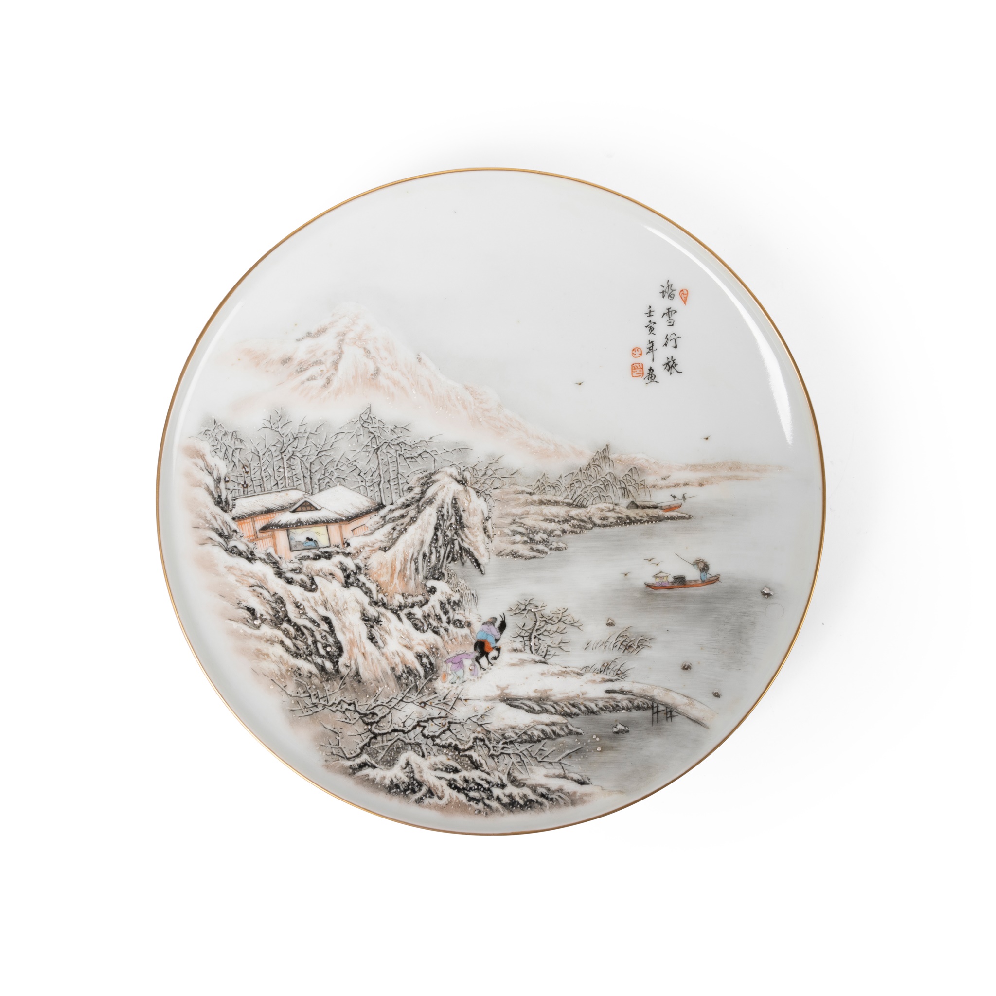 EN GRISAILLE AND FAMILLE ROSE 'WINTER LANDSCAPE' PLATE