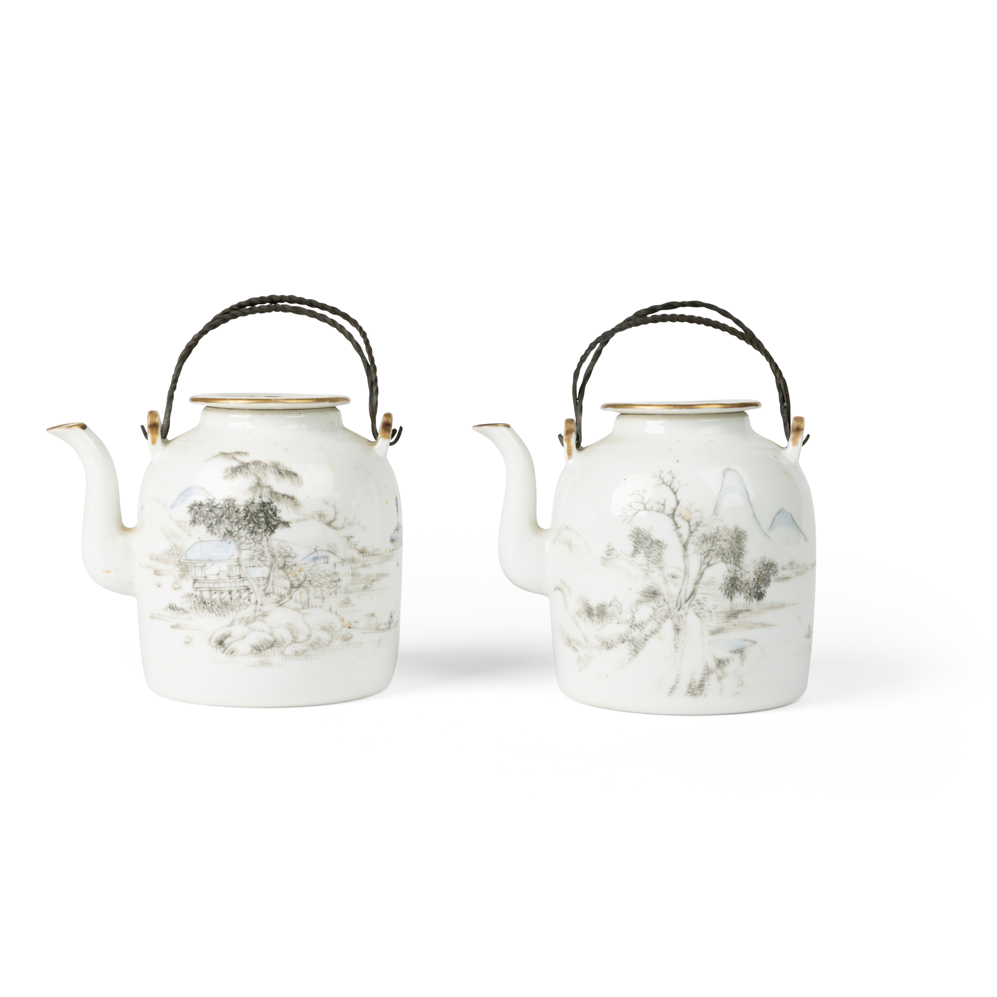 TWO QIANJIANG ENAMELLED LIDDED TEAPOTS