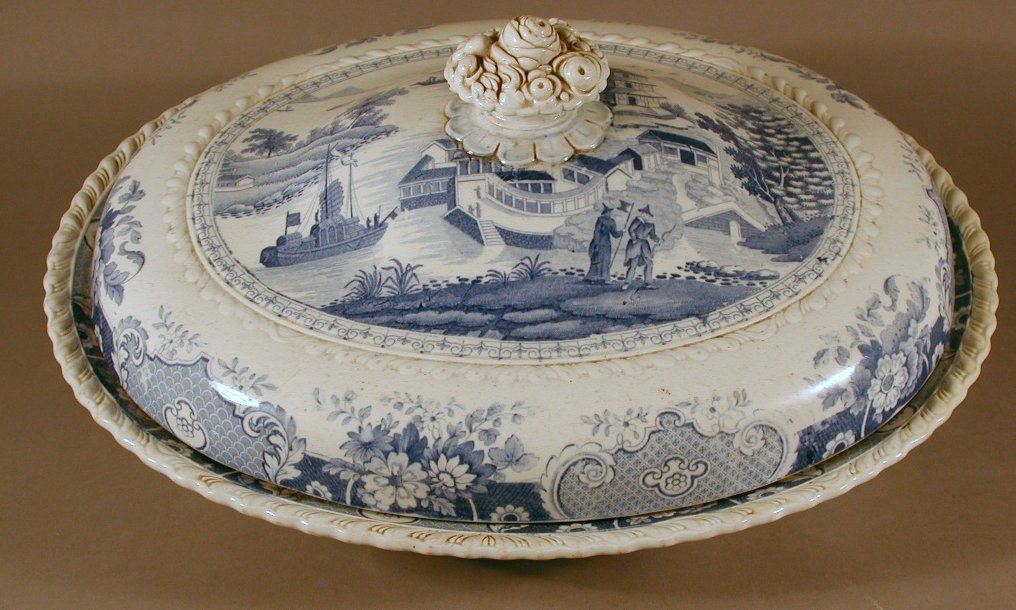 A John and William Ridgway blue printed 'Indian Temple' pattern oval tureen and cover,