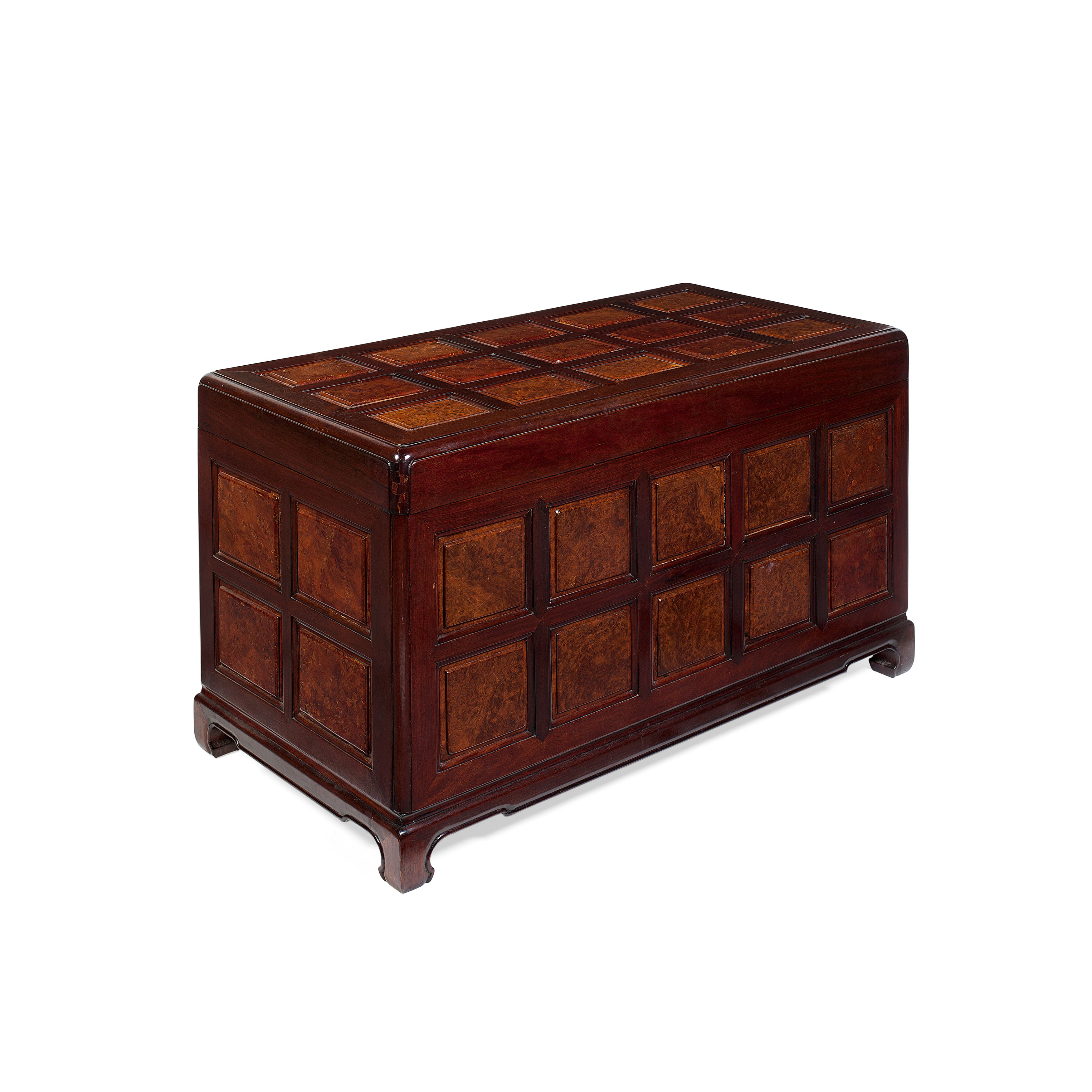 CHINESE HARDWOOD AND BURR WOOD PANEL CHEST
