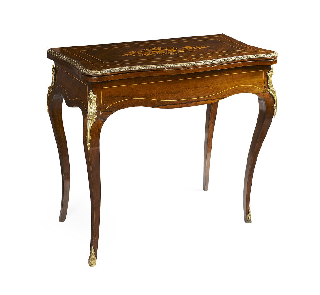 LOUIS XVI STYLE ROSEWOOD AND MARQUETRY FOLDOVER GAMES TABLE