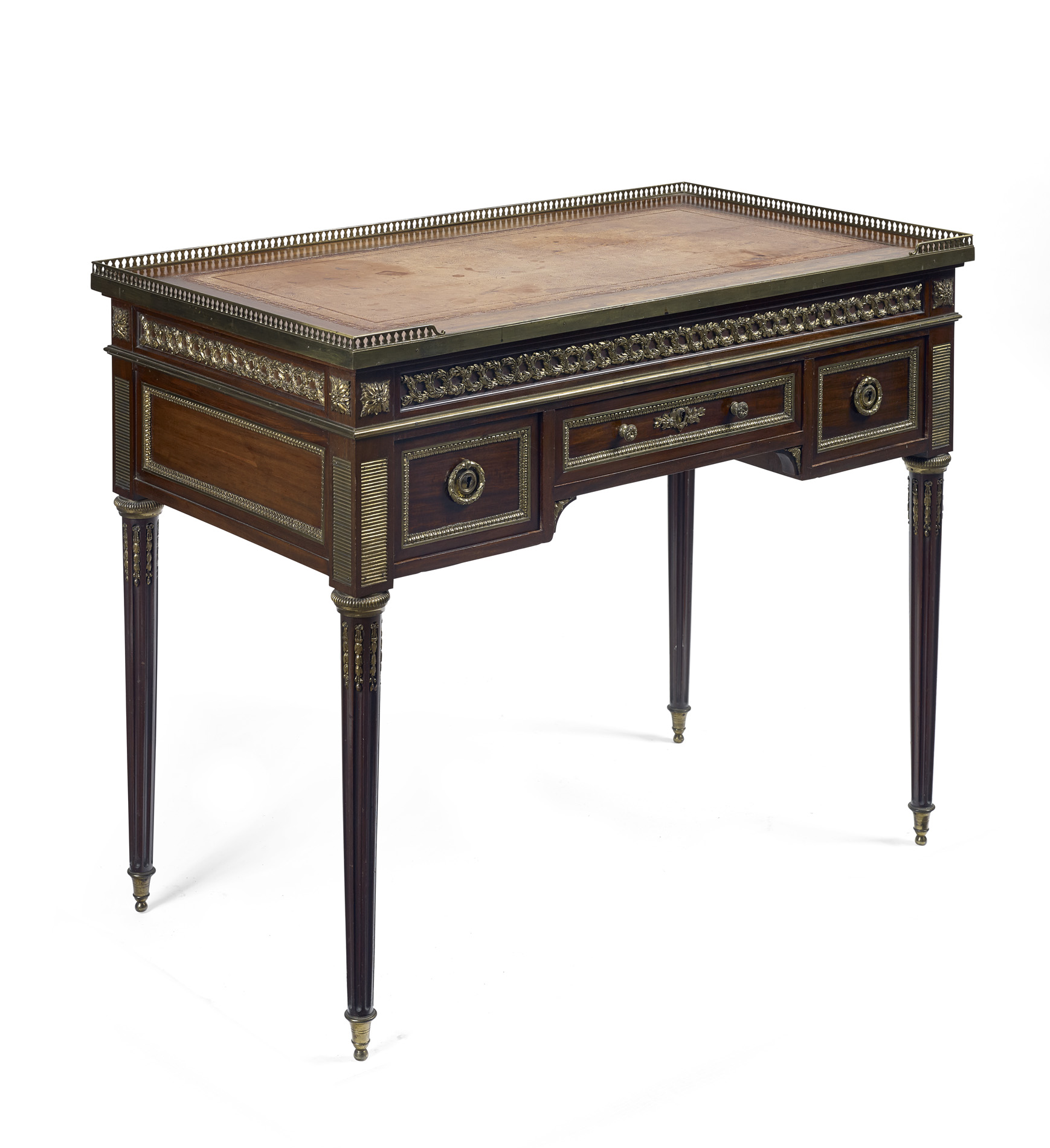 LOUIS XVI STYLE MAHOGANY AND GILT BRONZE WRITING TABLE BY MELLIER & CO