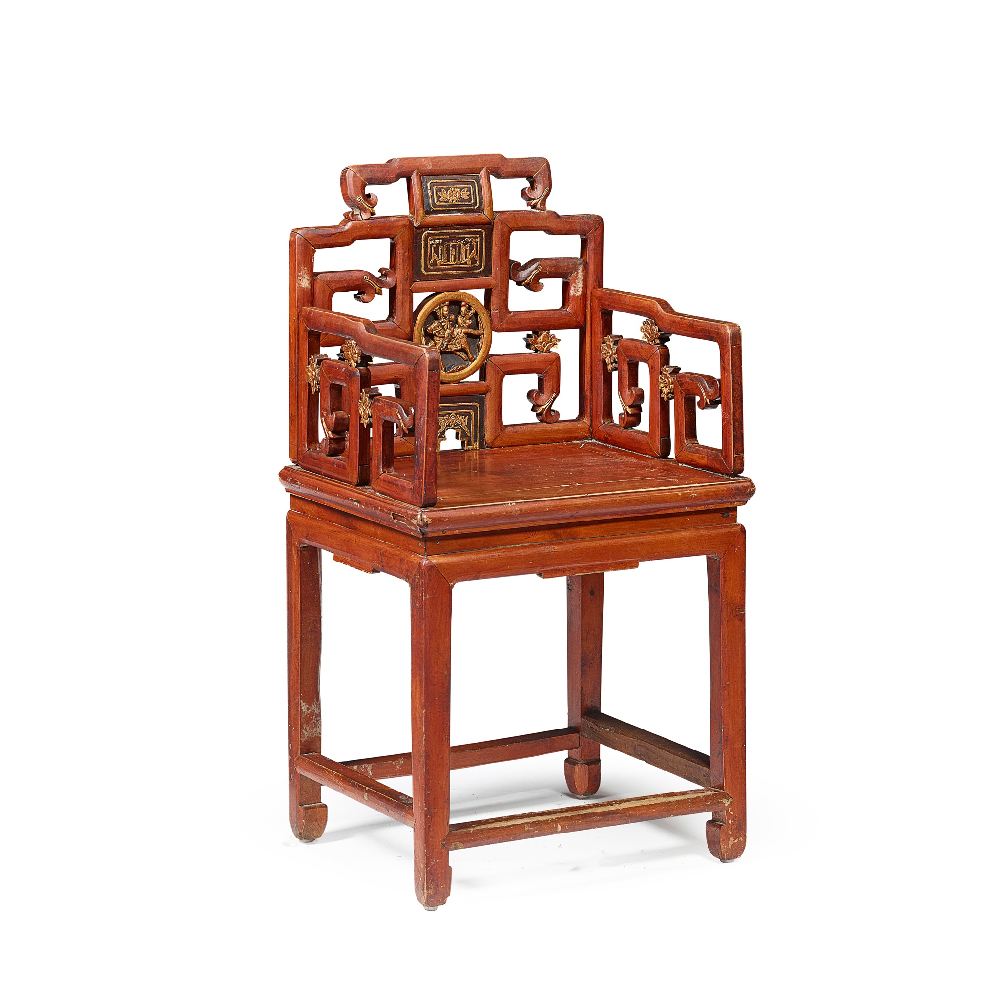 CHINESE RED STAINED AND GILT ARMCHAIR