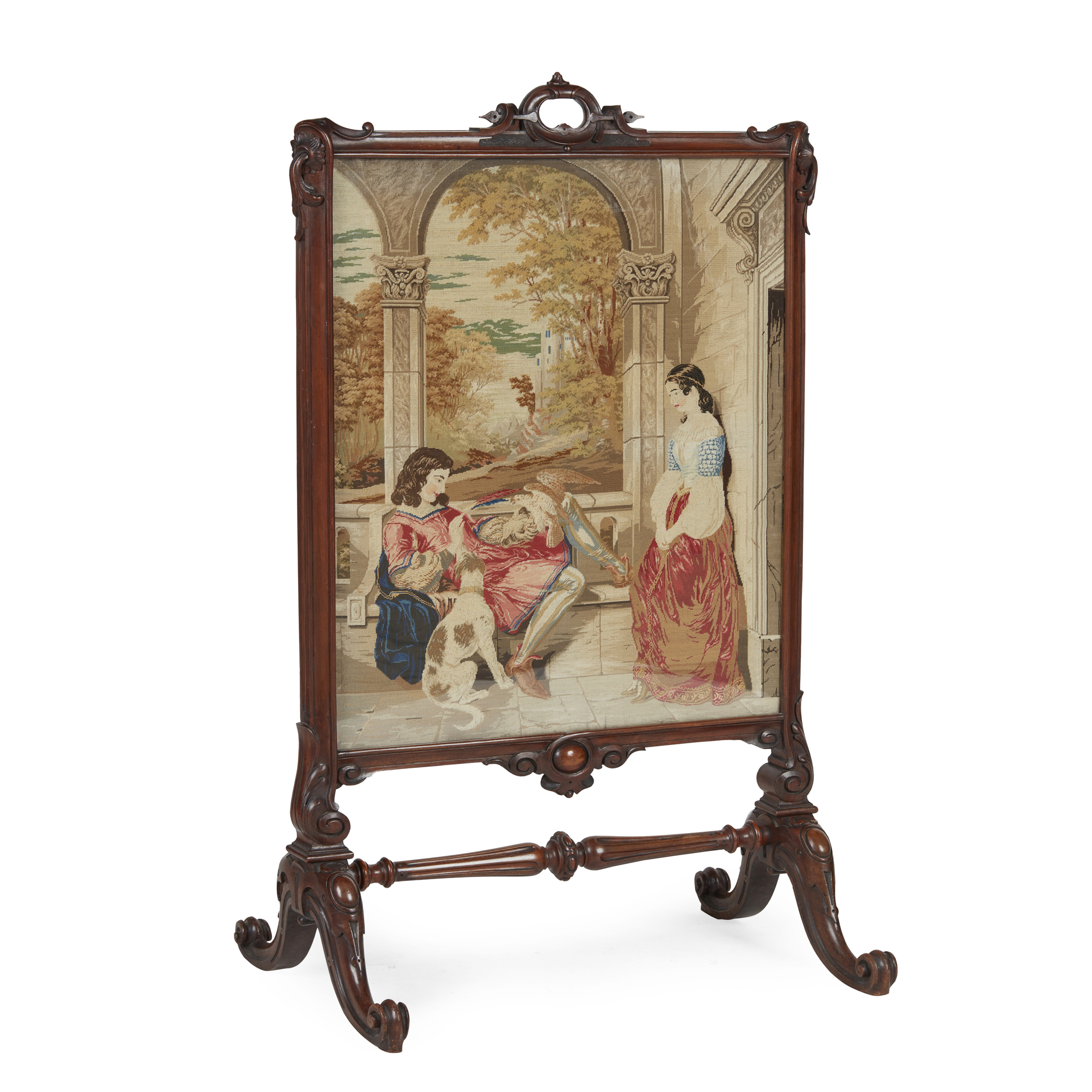 EARLY VICTORIAN CARVED WALNUT AND NEEDLEWORK FIRESCREEN