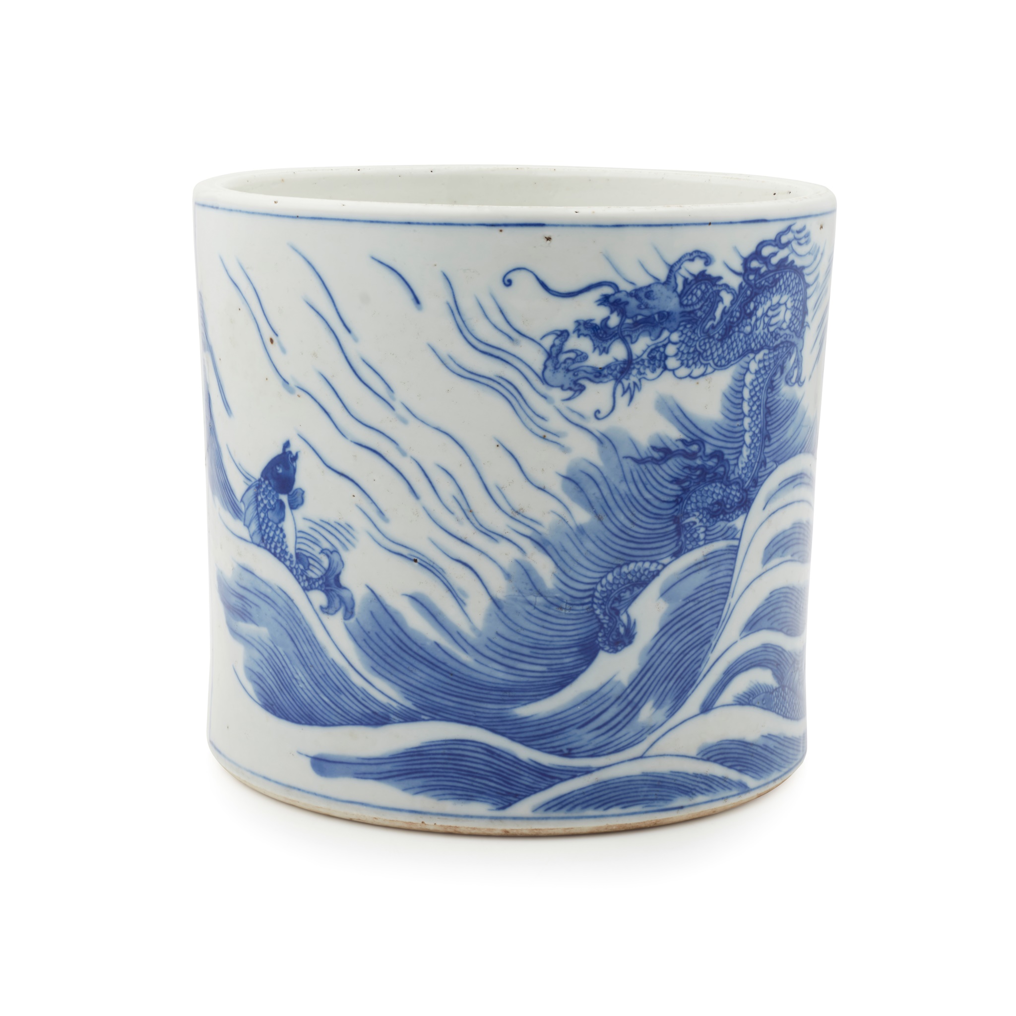 BLUE AND WHITE INSCRIBED BRUSH POT