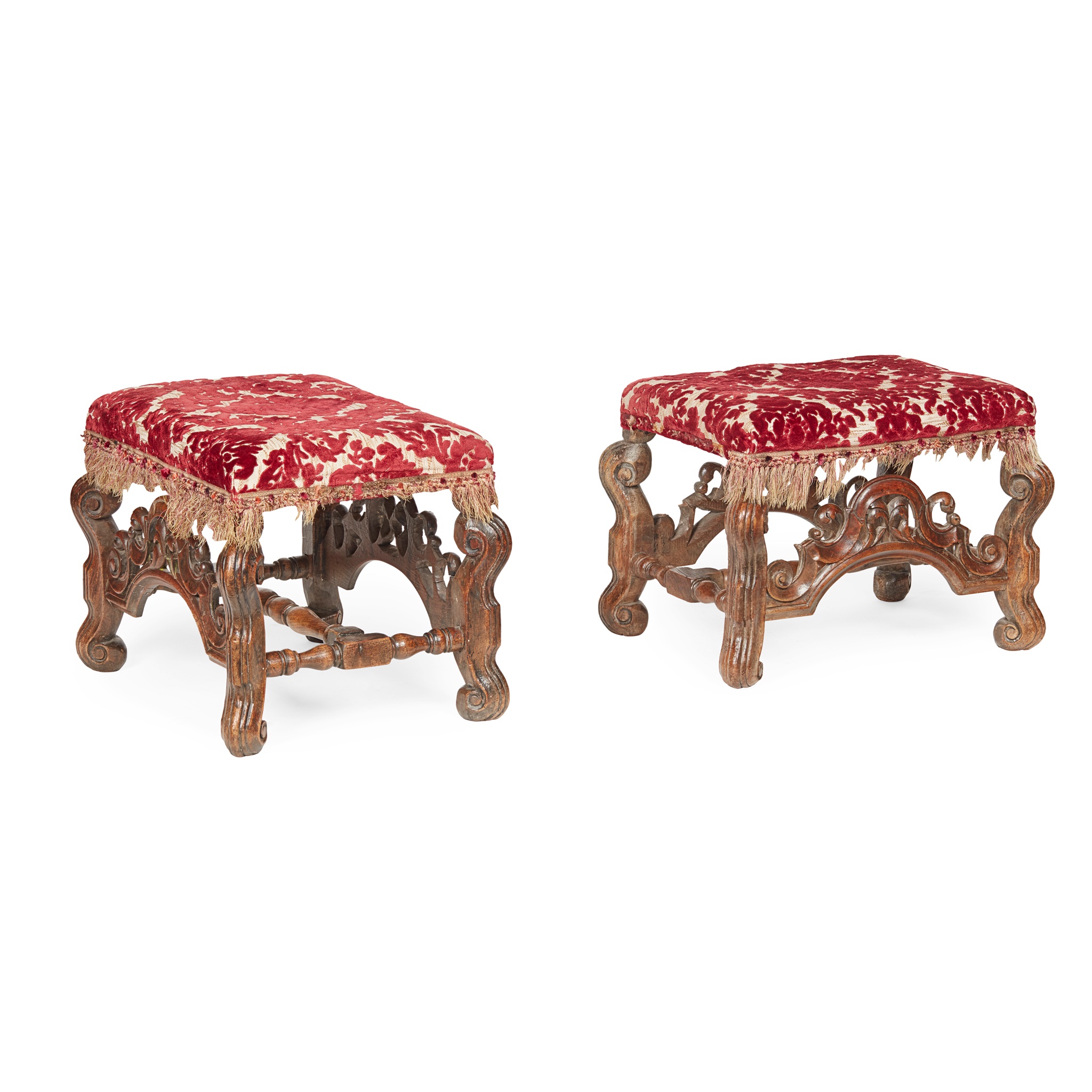 NEAR PAIR OF CHARLES II STYLE WALNUT STOOLS