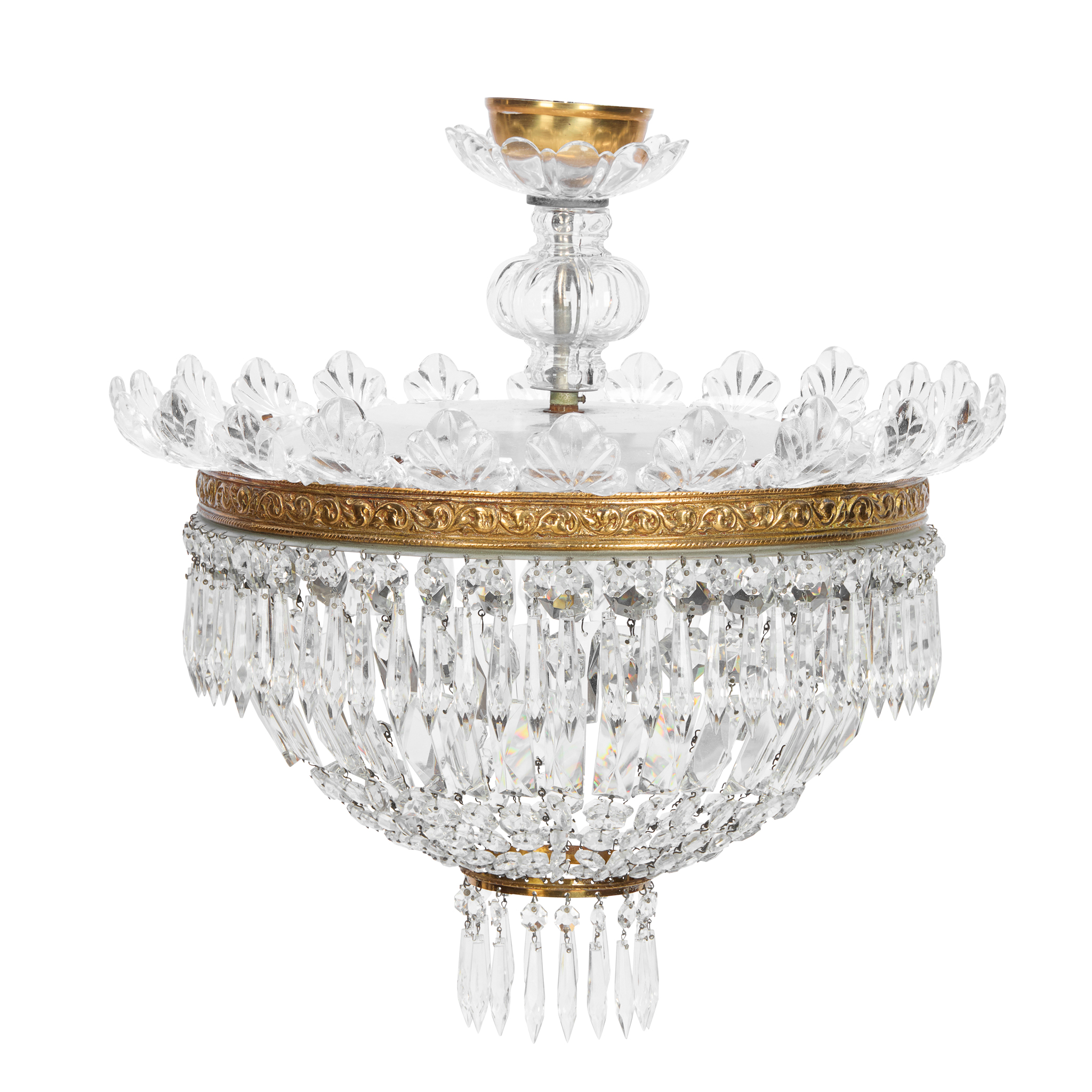 A CONTINENTAL BRASS AND CUT GLASS BASKET CHANDELIER