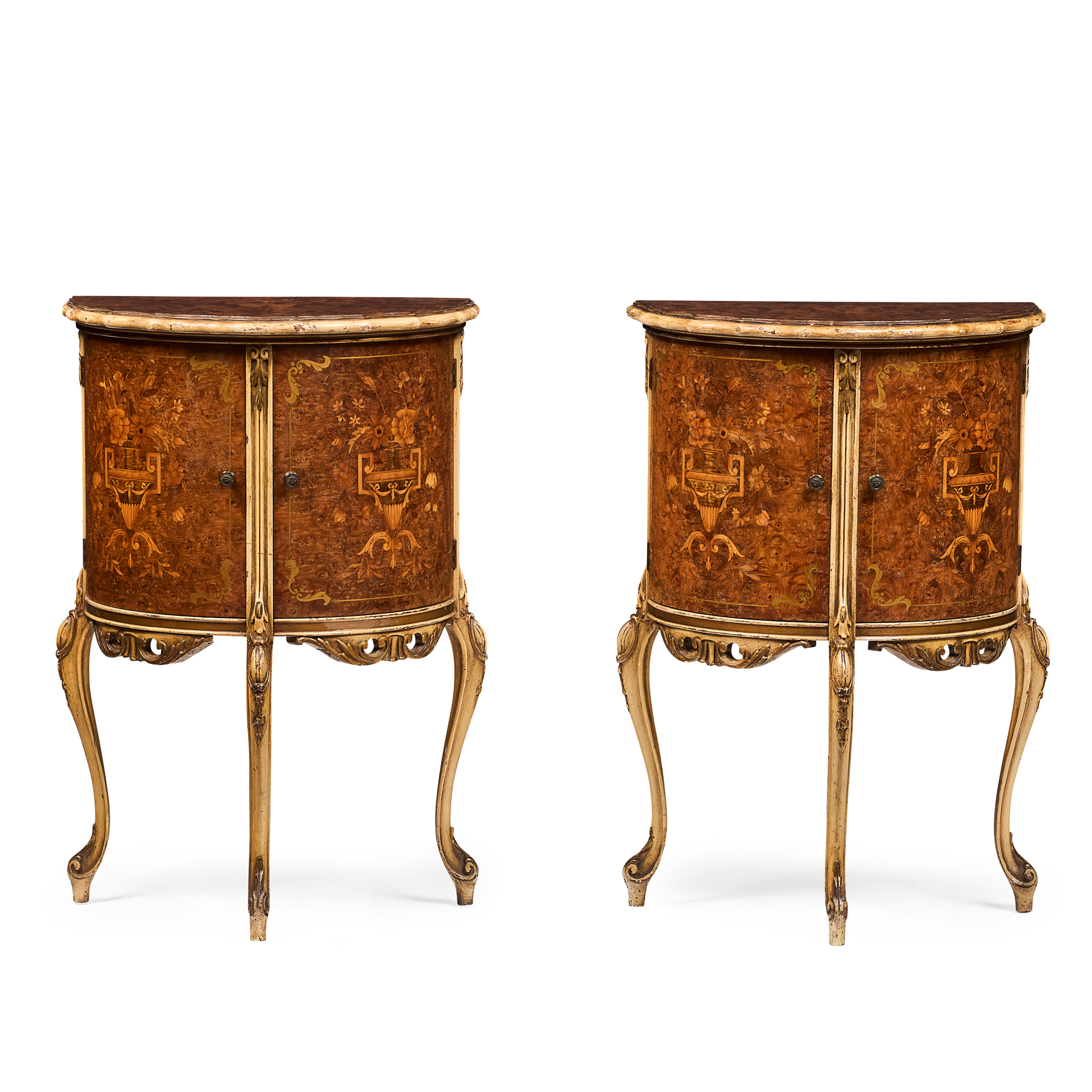 PAIR OF CONTINENTAL MARQUETRY AND PAINTED BEDSIDE TABLES