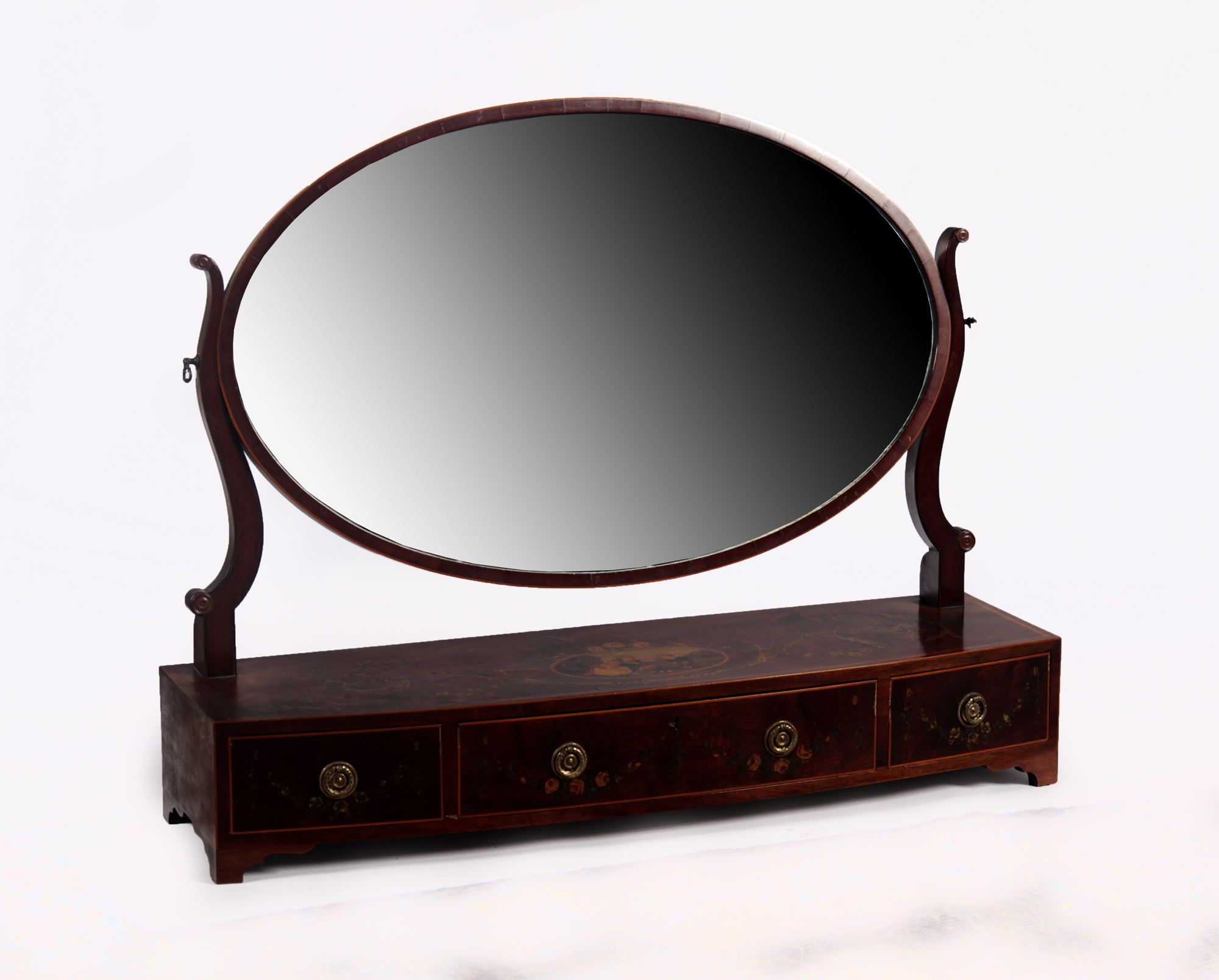 EDWARDIAN MAHOGANY AND PAINTED BOWFRONT DRESSING TABLE MIRROR