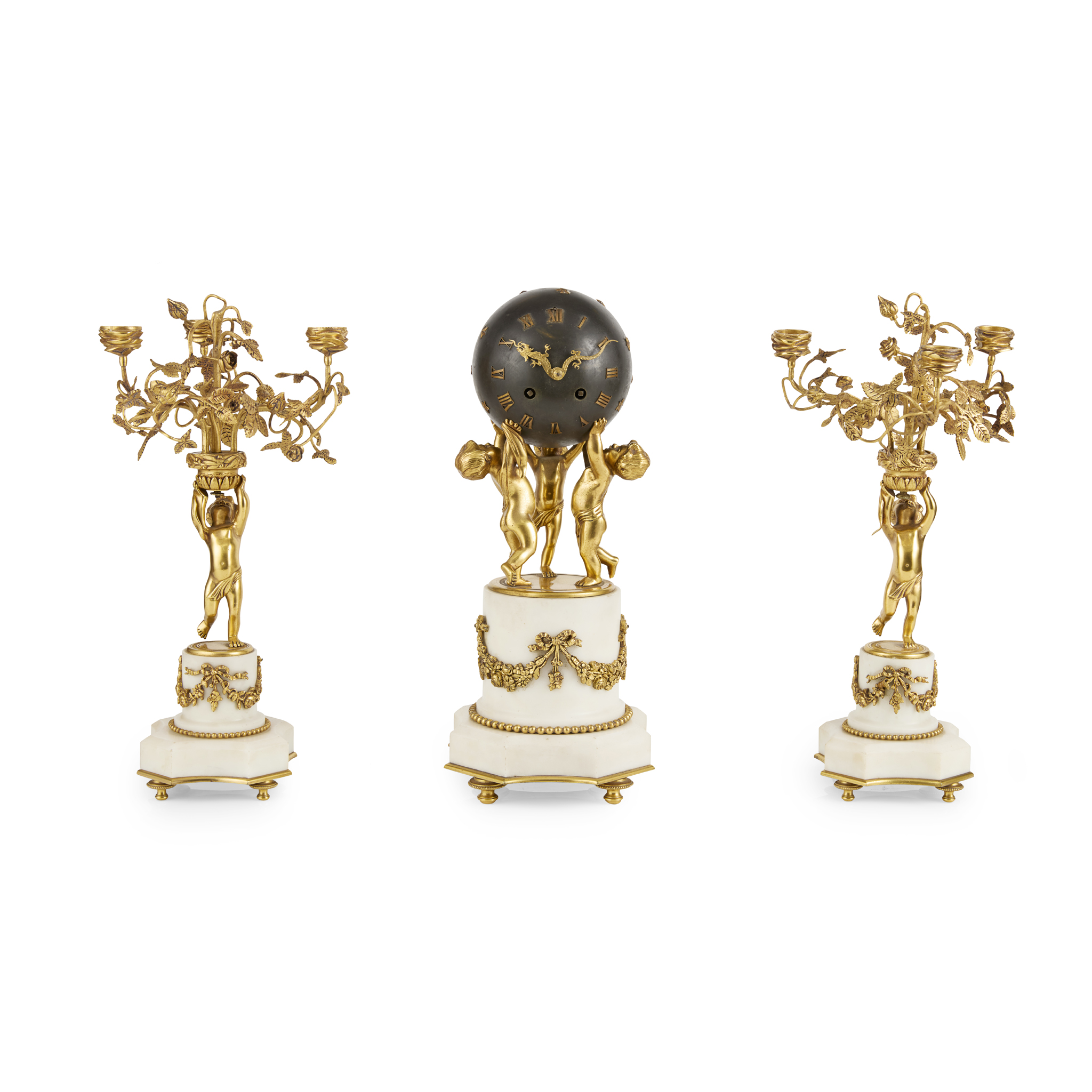 FRENCH GILT BRONZE AND WHITE MARBLE CLOCK GARNITURE