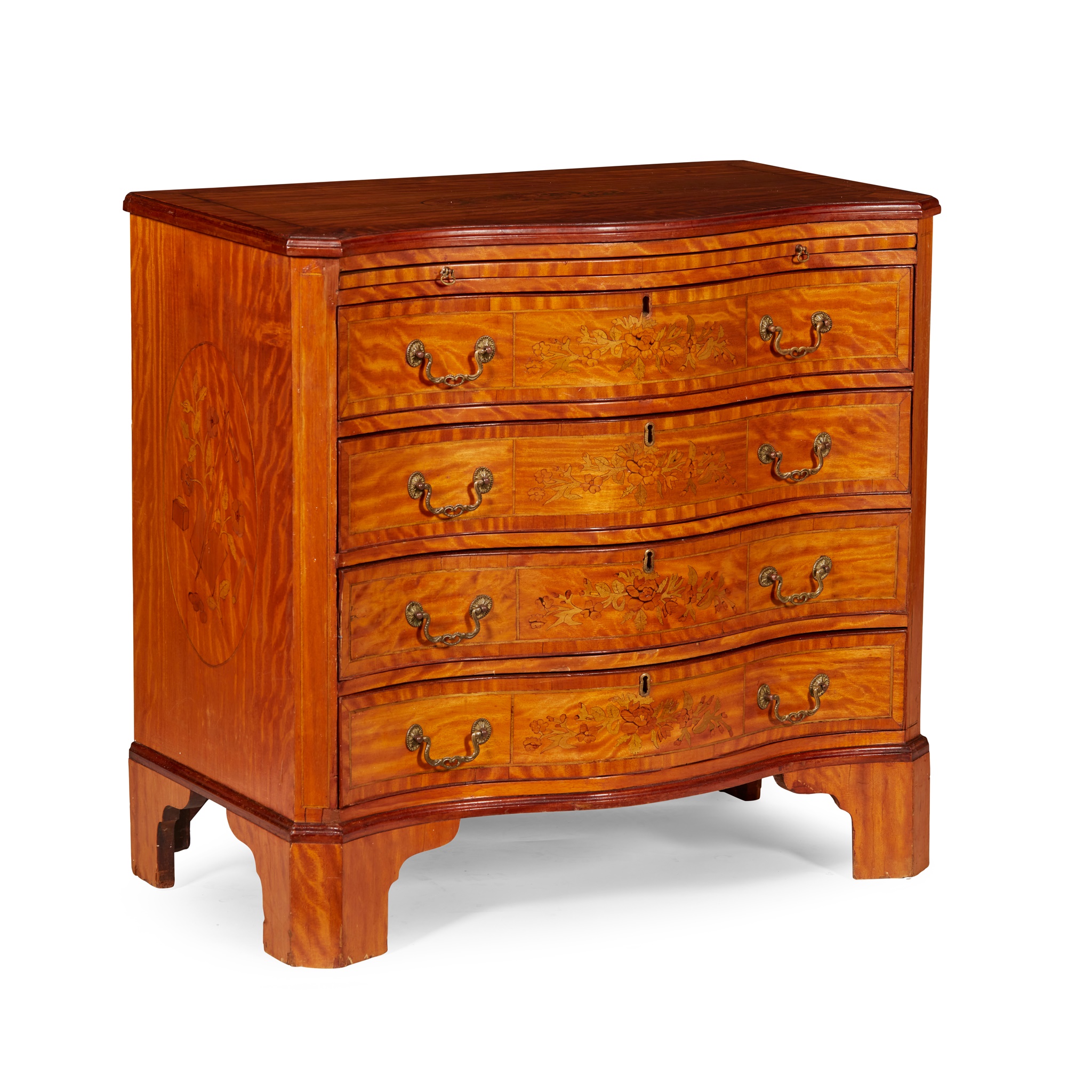 GEORGIAN STYLE SATINWOOD AND MARQUETRY SERPENTINE CHEST OF DRAWERS