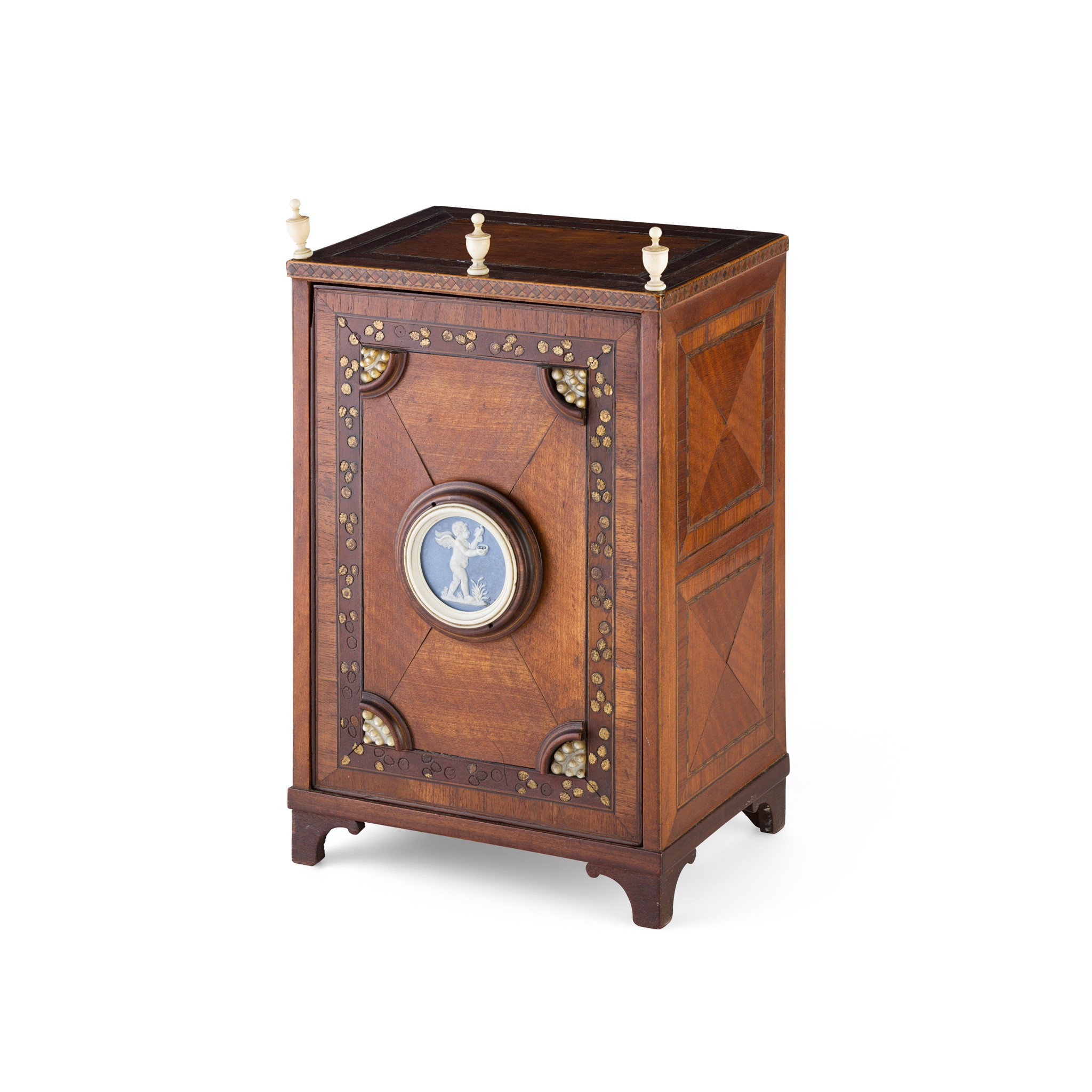 REGENCY MINIATURE MAHOGANY, INLAY AND JASPERWARE MOUNTED COLLECTOR'S CABINET