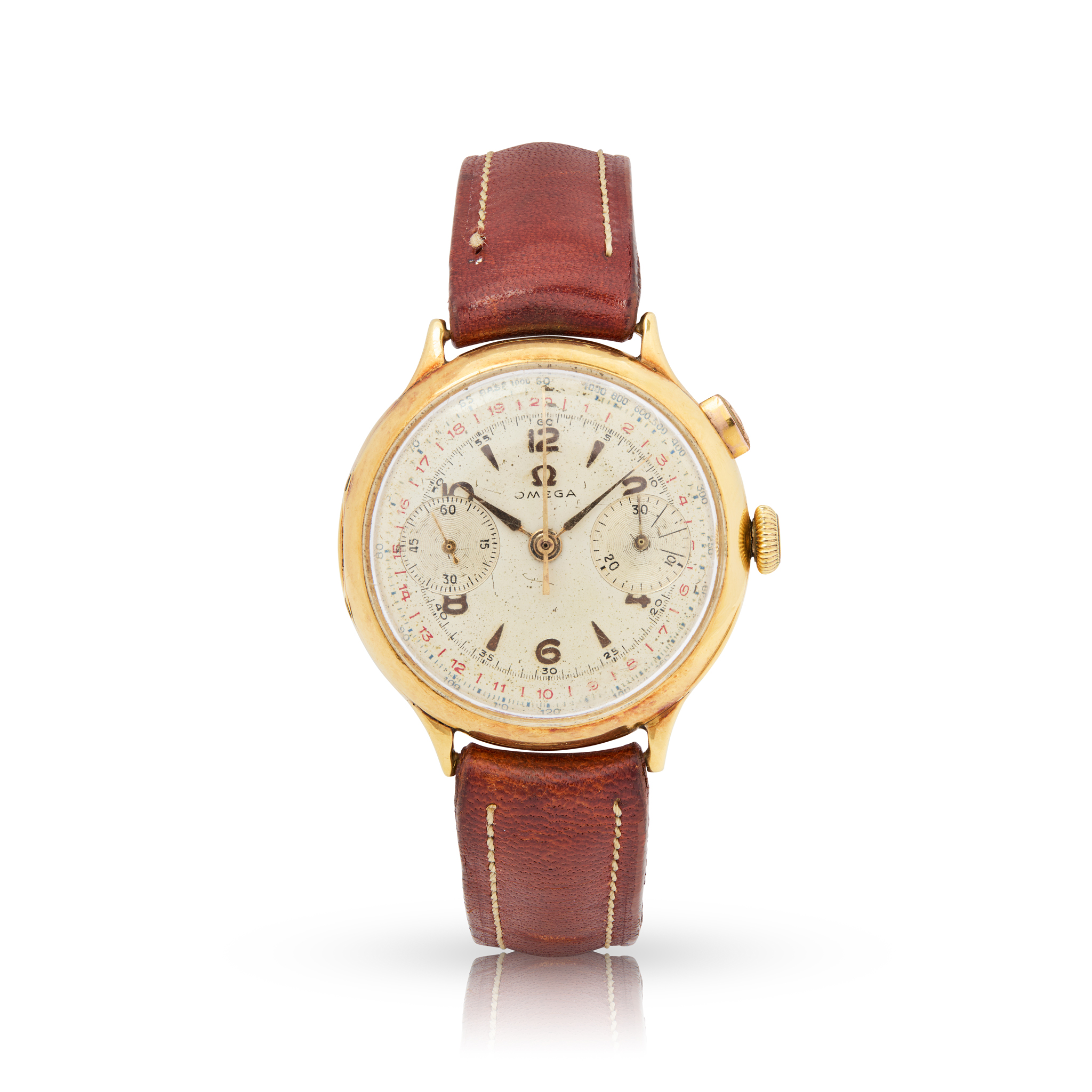 Omega. An unusual 18k yellow gold mechanical single-button chronograph wristwatch