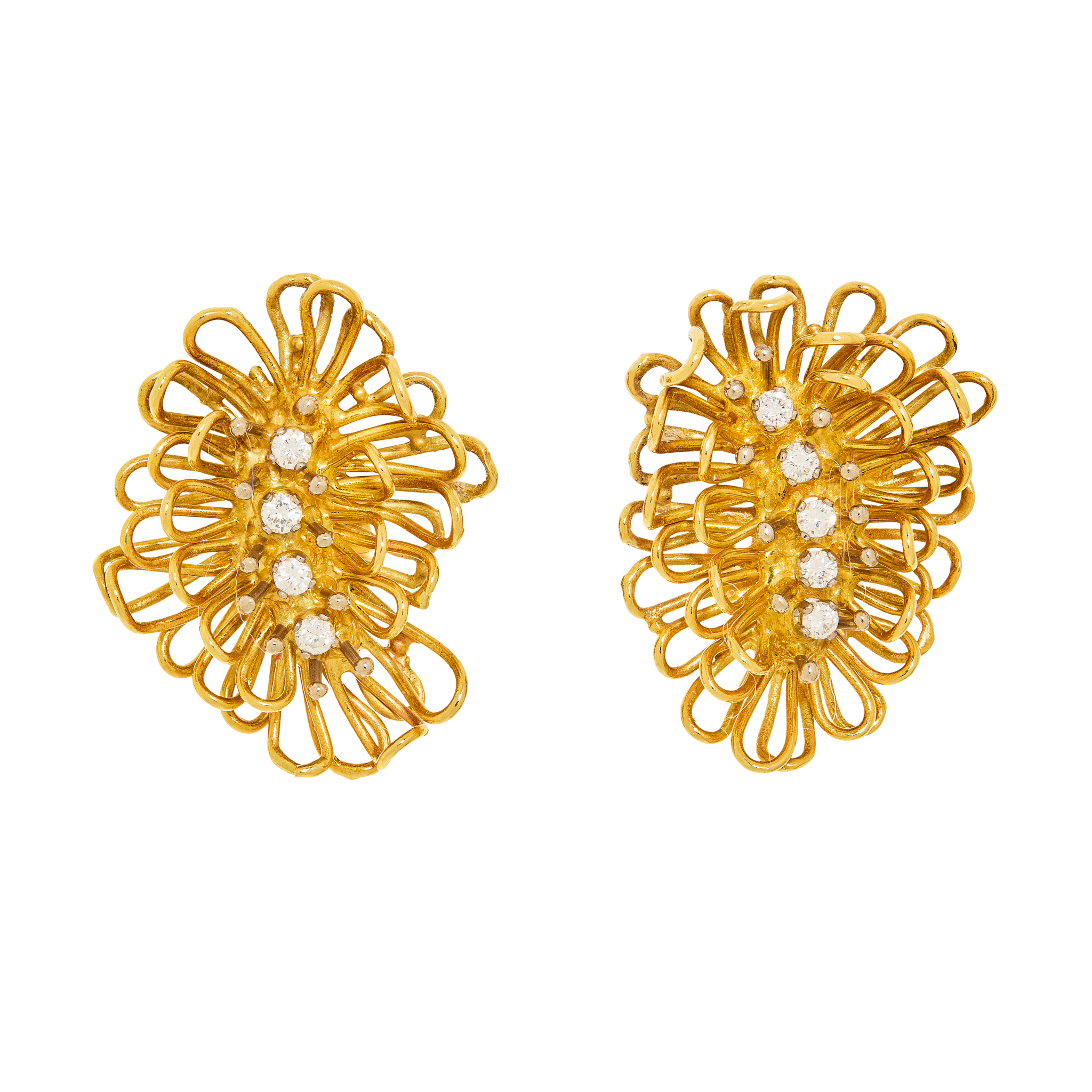 David Thomas: A pair of 1970s 18ct gold asymmetric diamond earrings