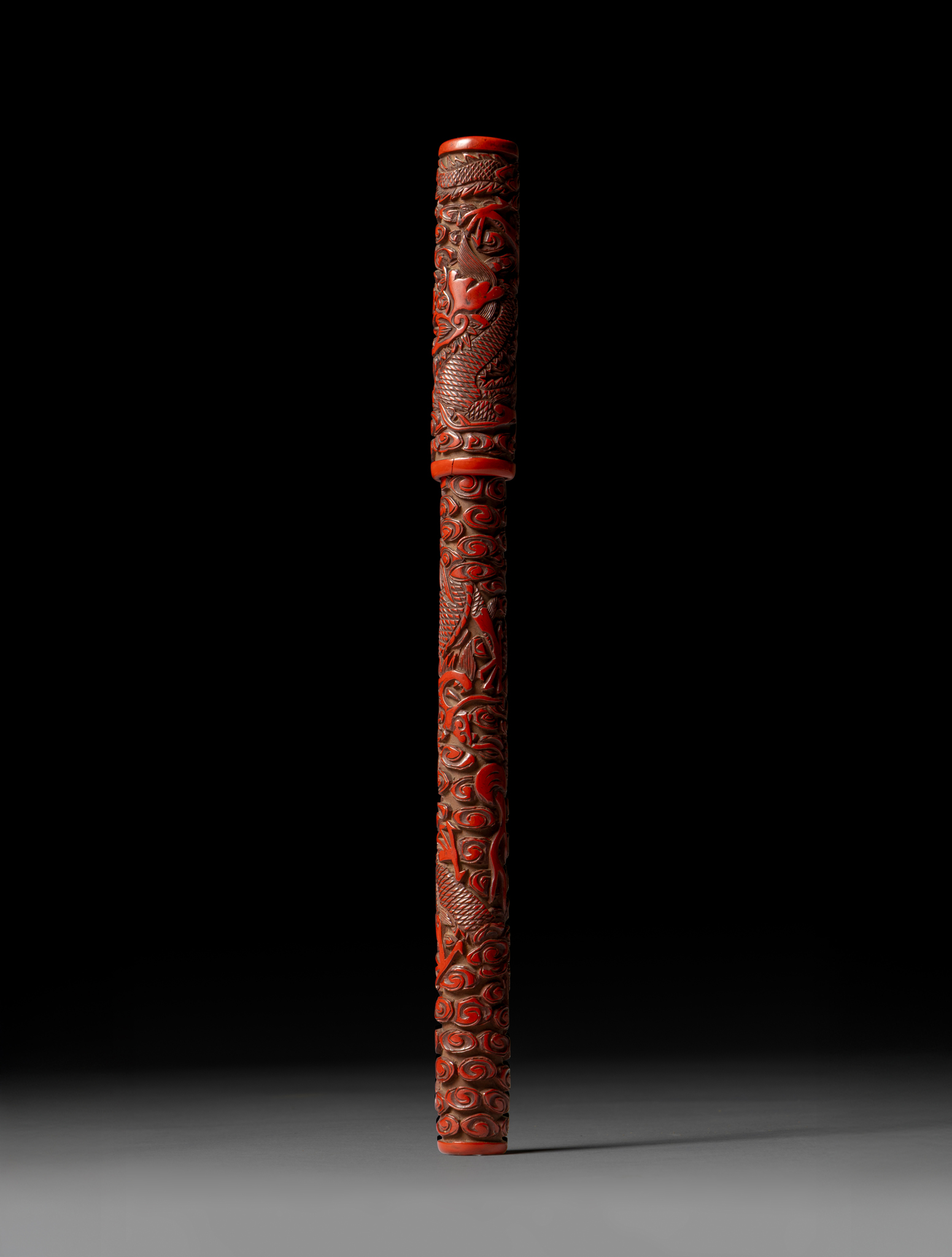 RARE CHINESE CINNABAR LACQUER 'DRAGON' BRUSH WITH COVER