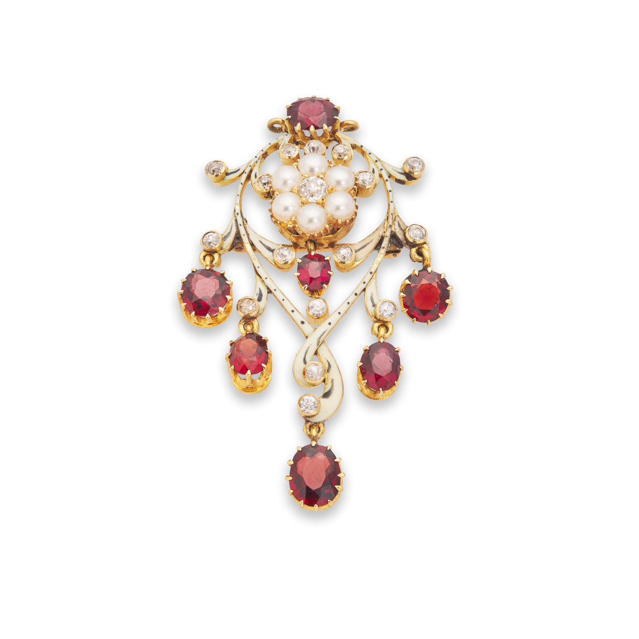 Mrs Newman: A garnet, diamond and enamel pendant, circa 1900