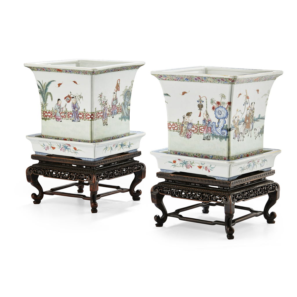 FINE PAIR OF FAMILLE ROSE 'WU ZI DENG KE' JARDINIÈRES AND STANDS