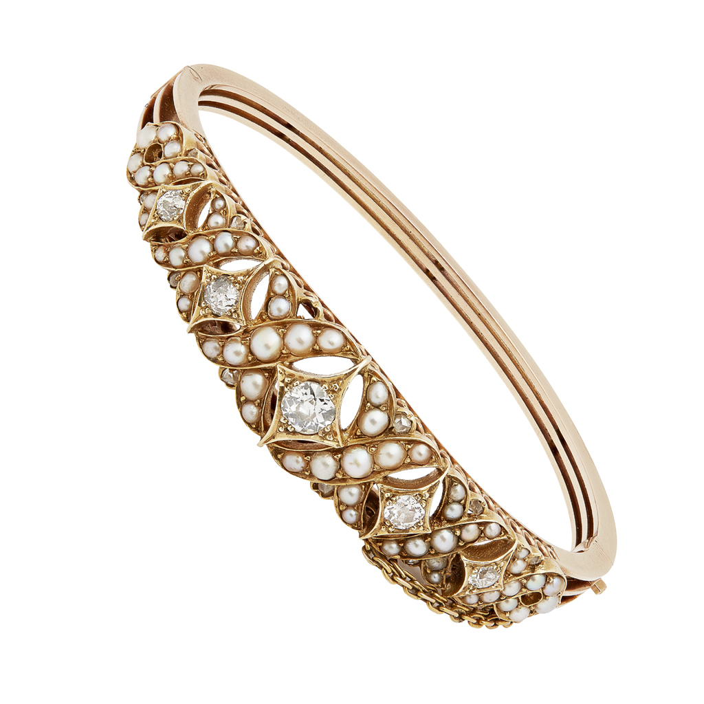 A Victorian diamond and pearl set bangle