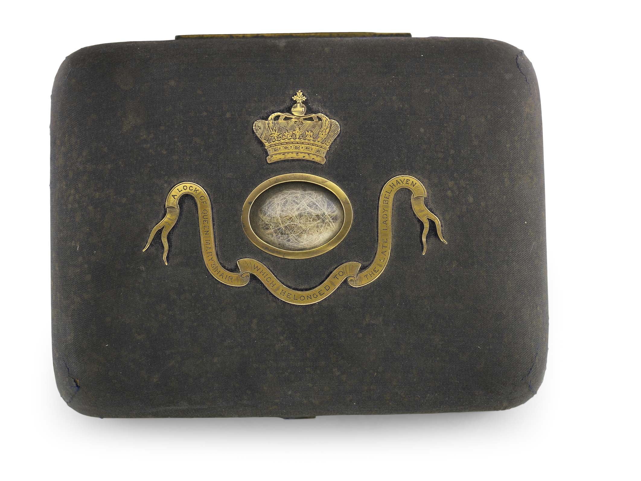 A mid Victorian velvet casket, set with a memoriam locket of Mary Queen of Scots hair