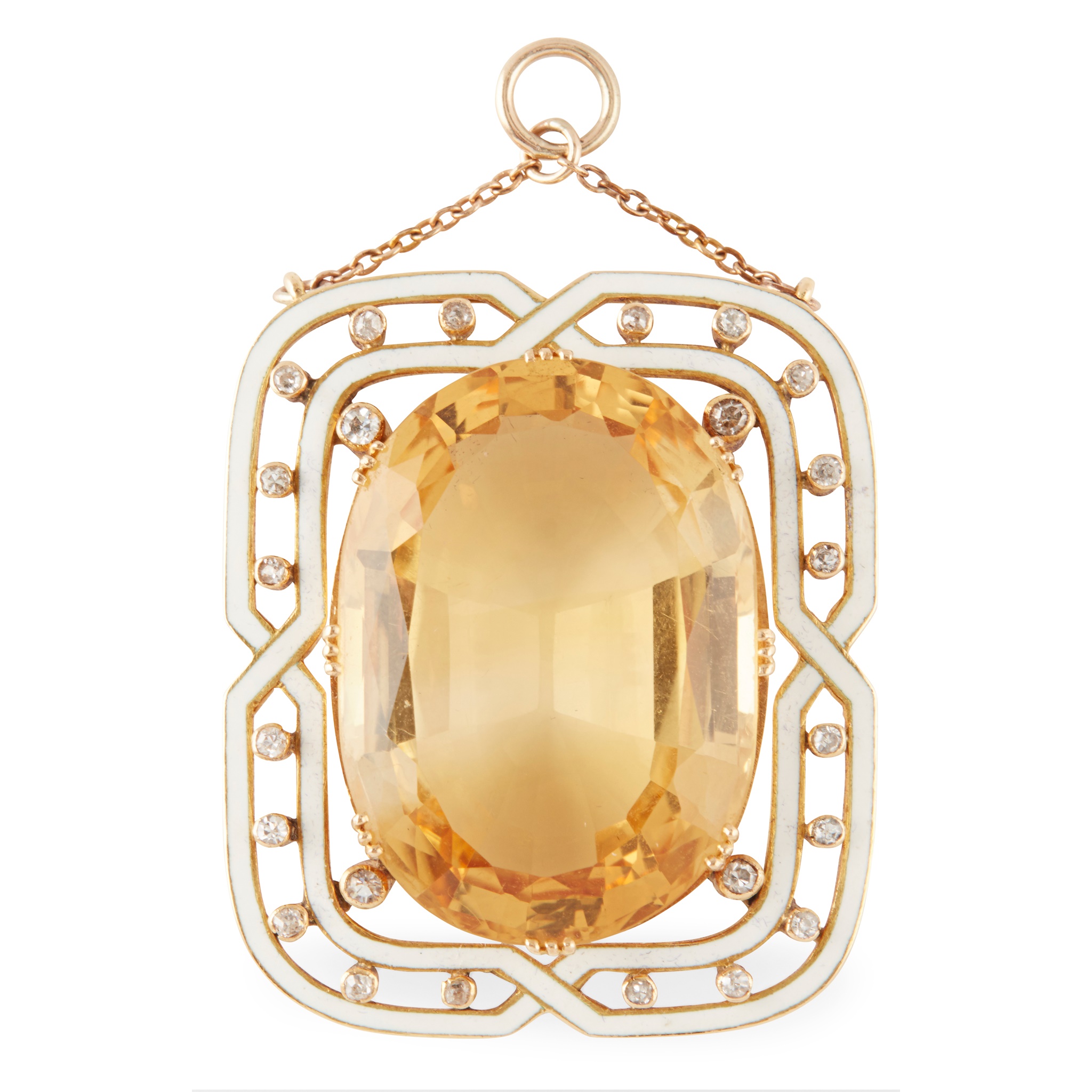 A citrine, enamel and diamond set pendant