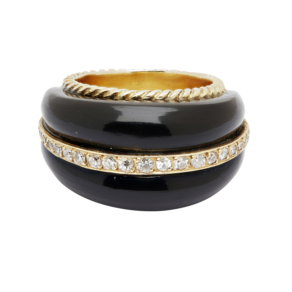 An onyx and diamond bombé ring