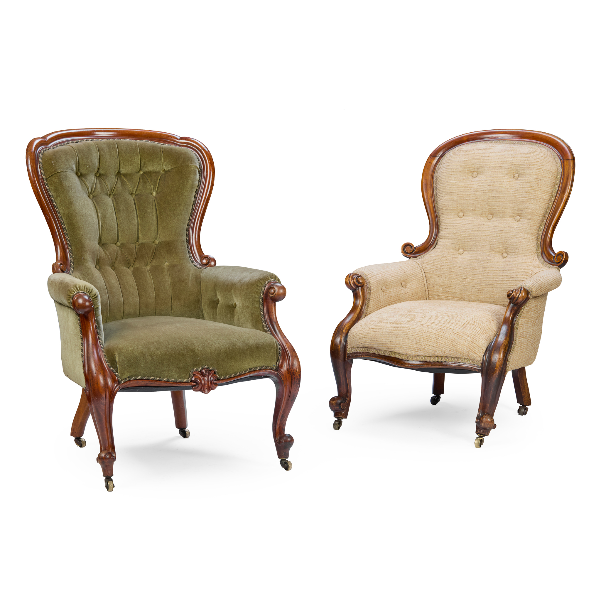 TWO VICTORIAN MAHOGANY BUTTON-BACK ARMCHAIRS
