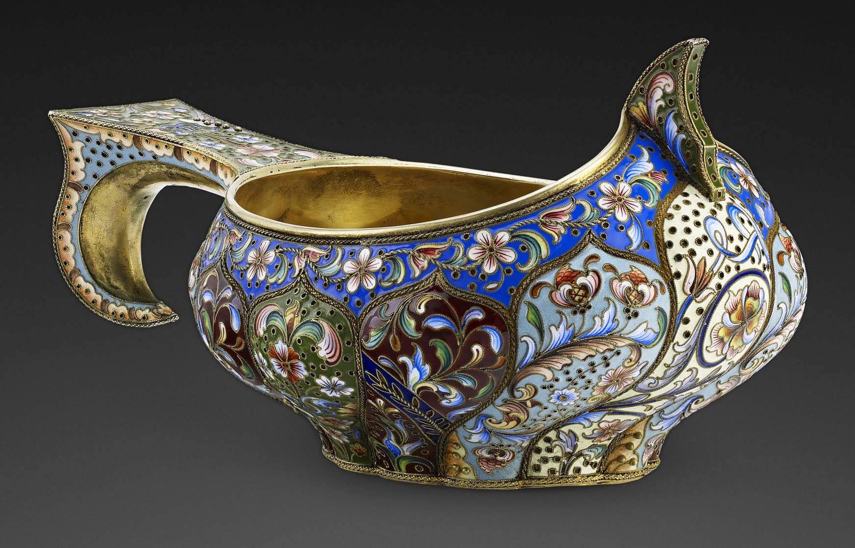 A Russian silver-gilt and shaded cloisonné enamel kovsch