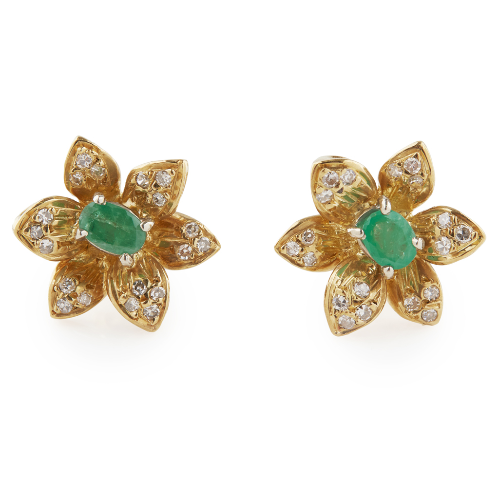 A pair of emerald and diamond set cluster earrings