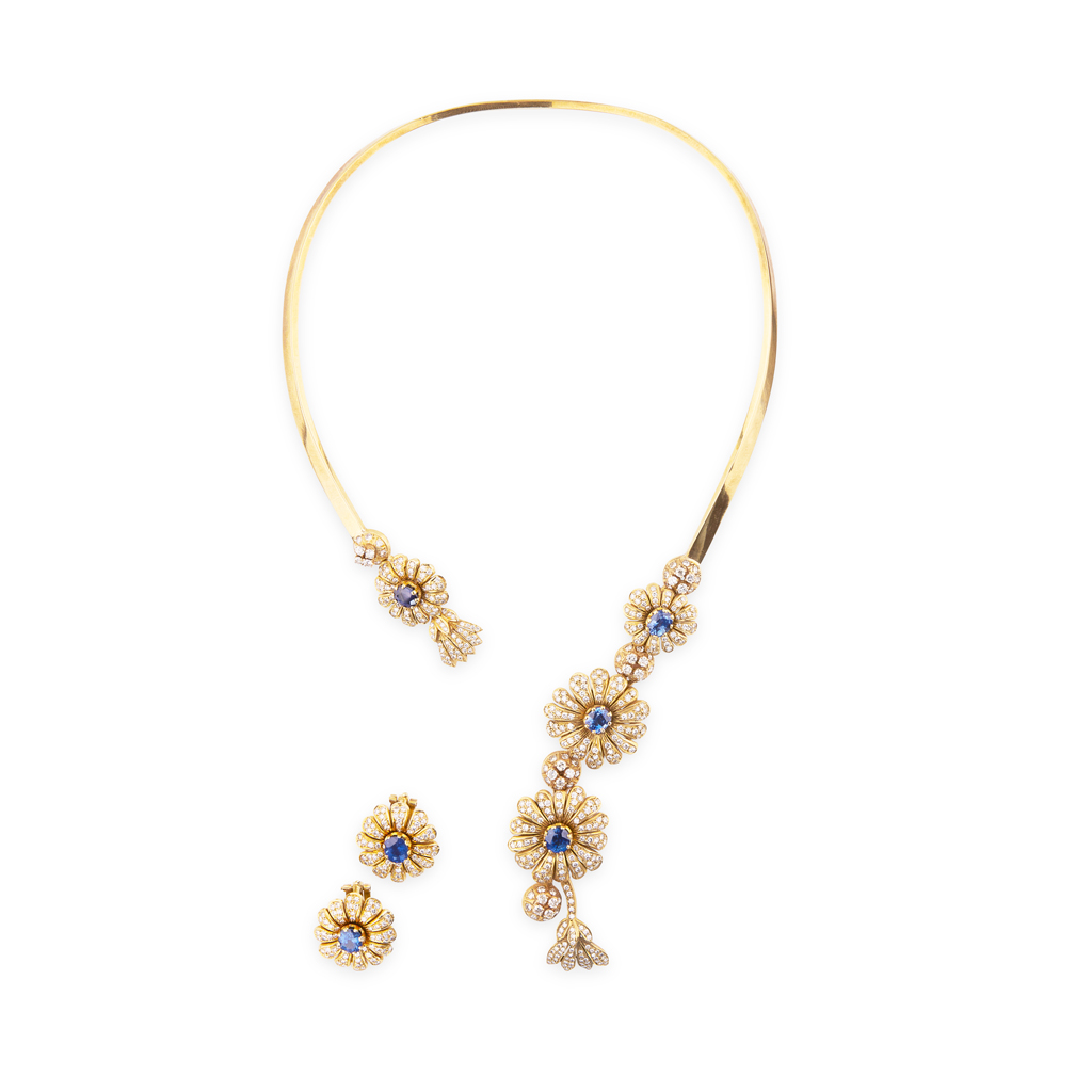 A sapphire and diamond set necklace and earrings