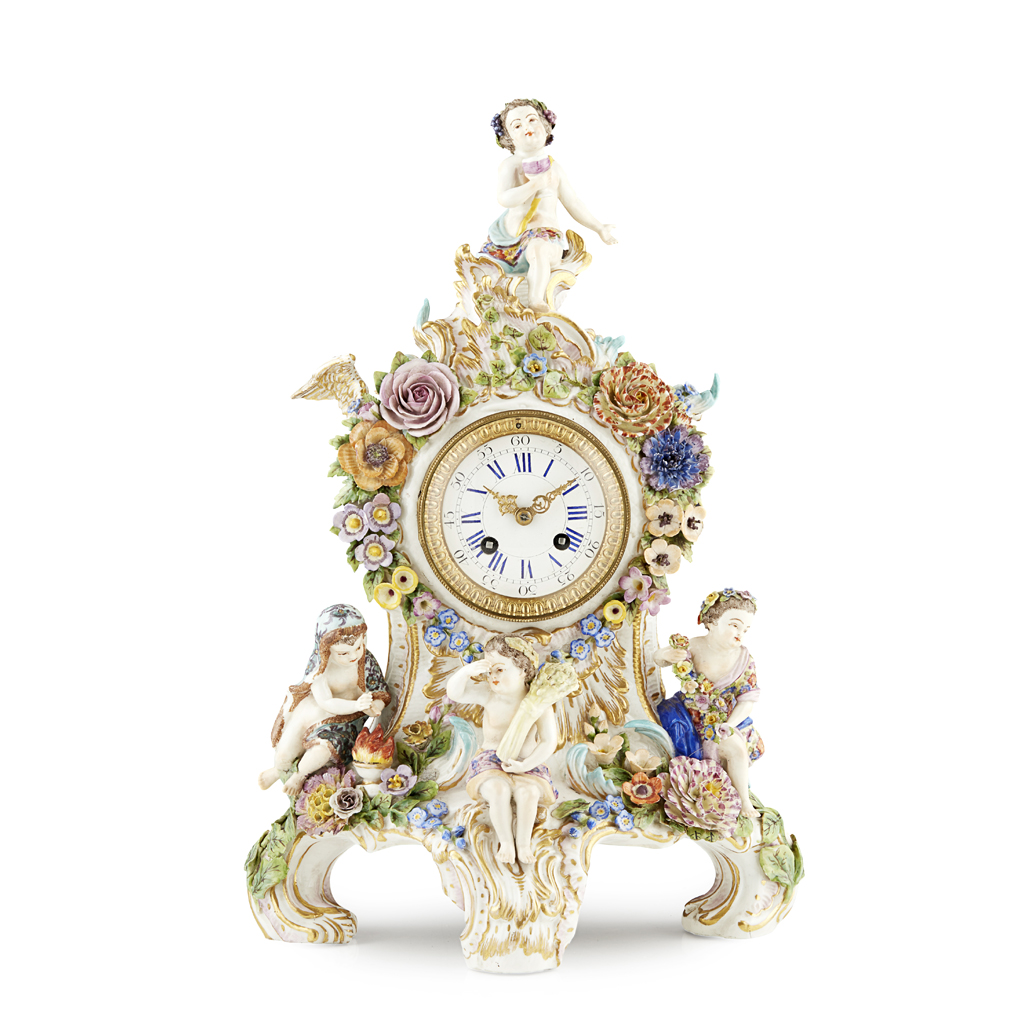 DRESDEN PORCELAIN FLOWER ENCRUSTED MANTEL CLOCK