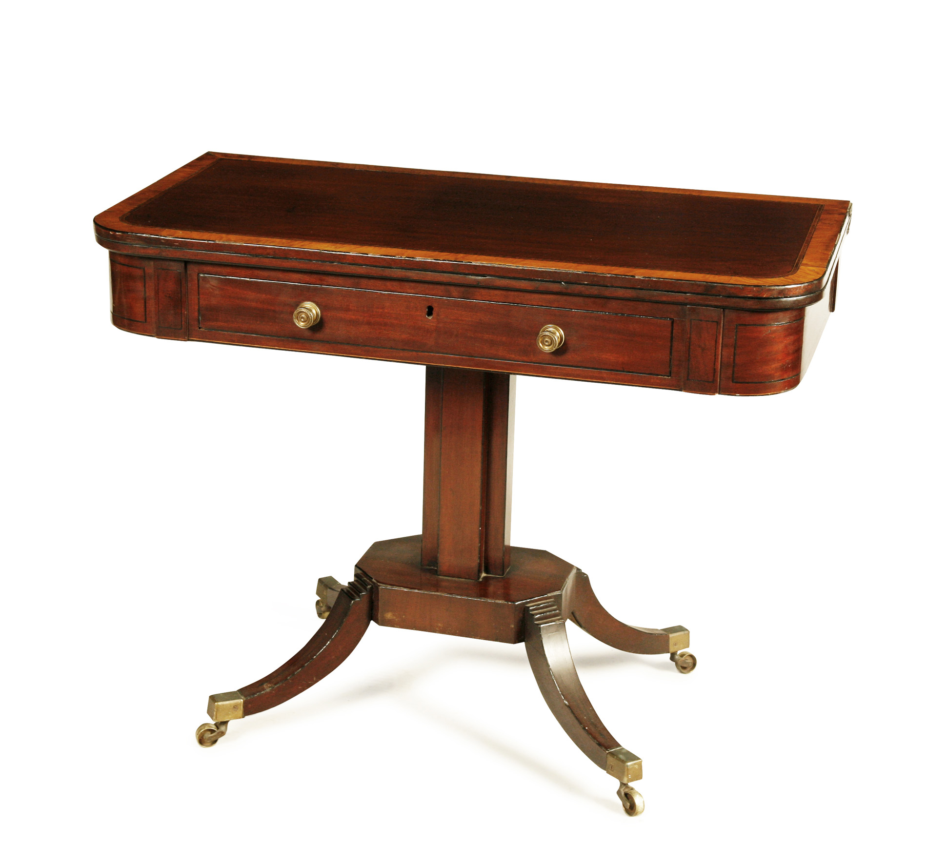 GEORGIAN MAHOGANY AND SATINWOOD CROSS BANDED FOLD OVER TEA TABLE