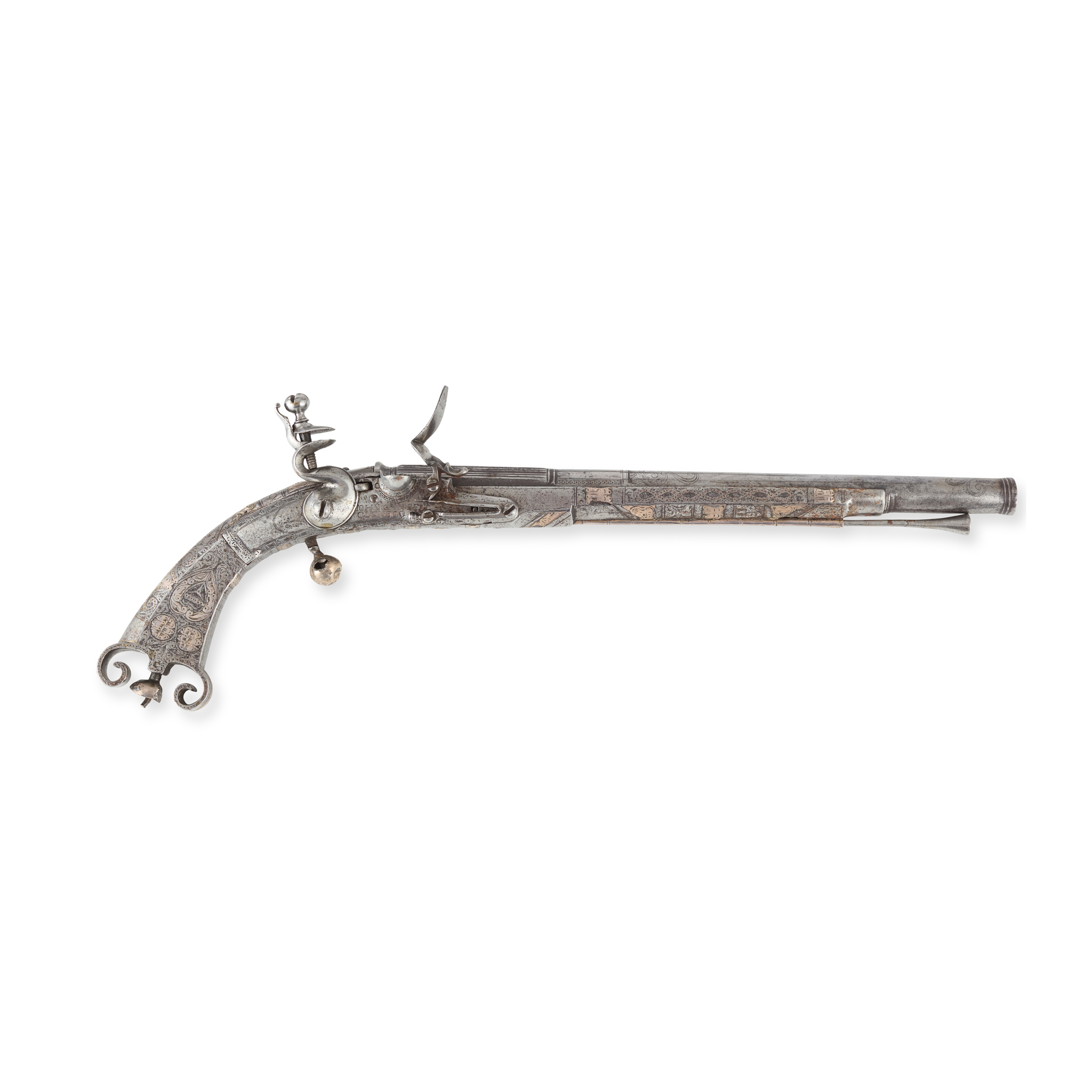 AN EARLY 18TH CENTURY SCOTTISH SILVER INLAID STEEL FLINTLOCK BELT PISTOL